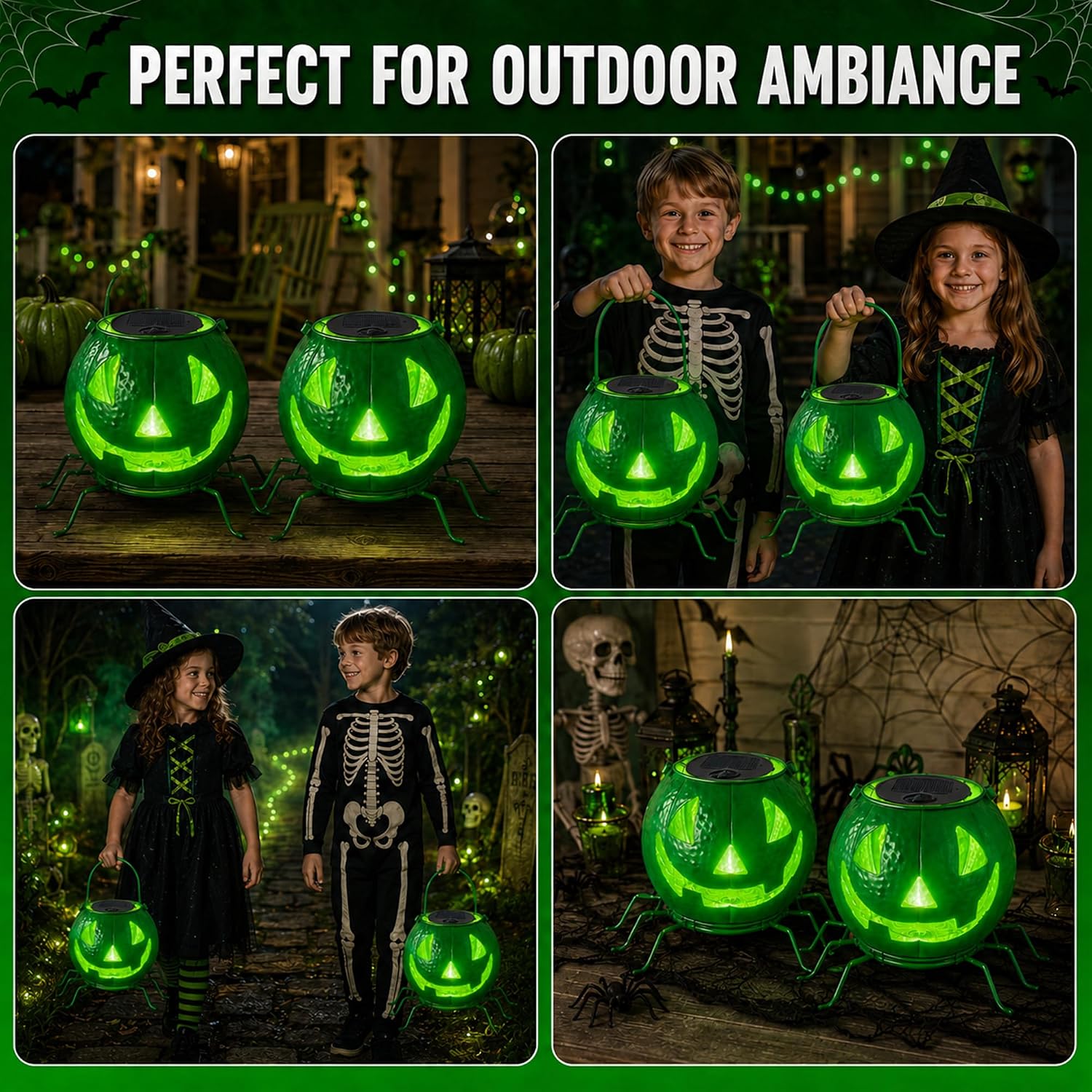 Detalle de Mantunt Solar Halloween Pumpkin Lantern with Green Flickering Flame and Spider Legs