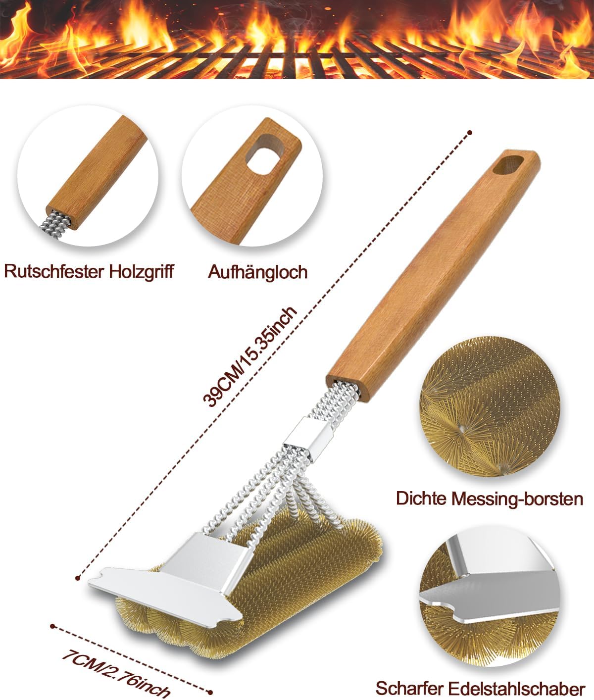 Thumbnail 1 de Grillbürste Messing mit Holzgriff – Extra lange 39 cm, robuste Messingborsten & Schabmesser