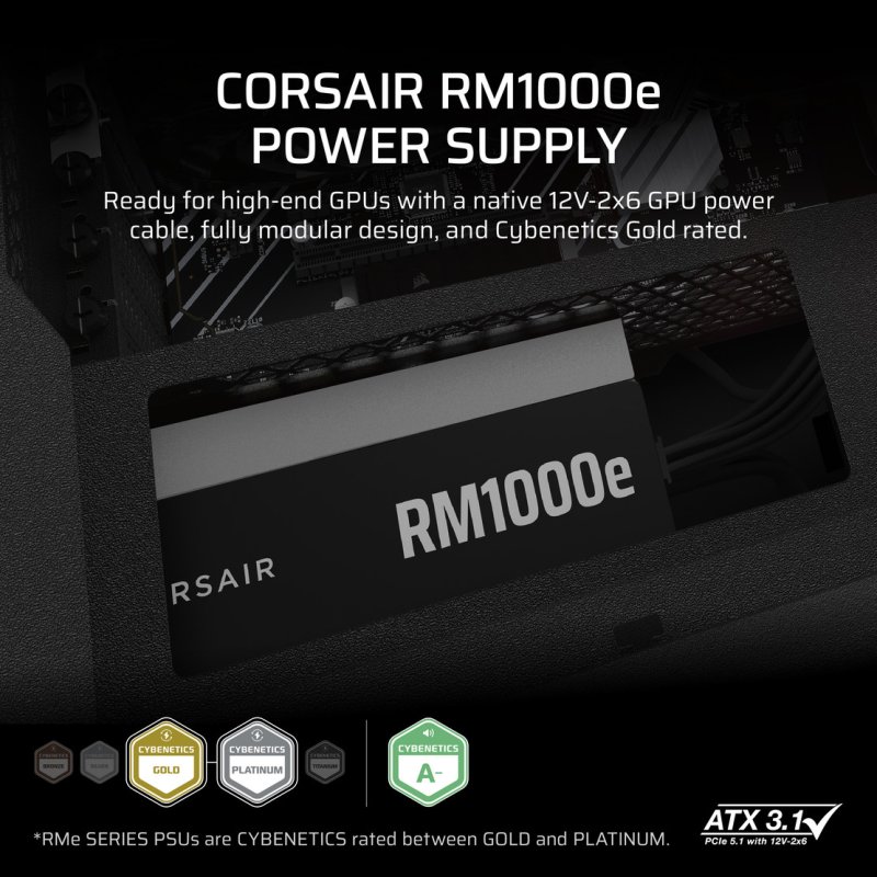 Detalle 2 de Corsair RMe Series RM1000e ATX 3.1 / PCIe 5.1 de 1000W totalmente modular (Cybenetics Gold)