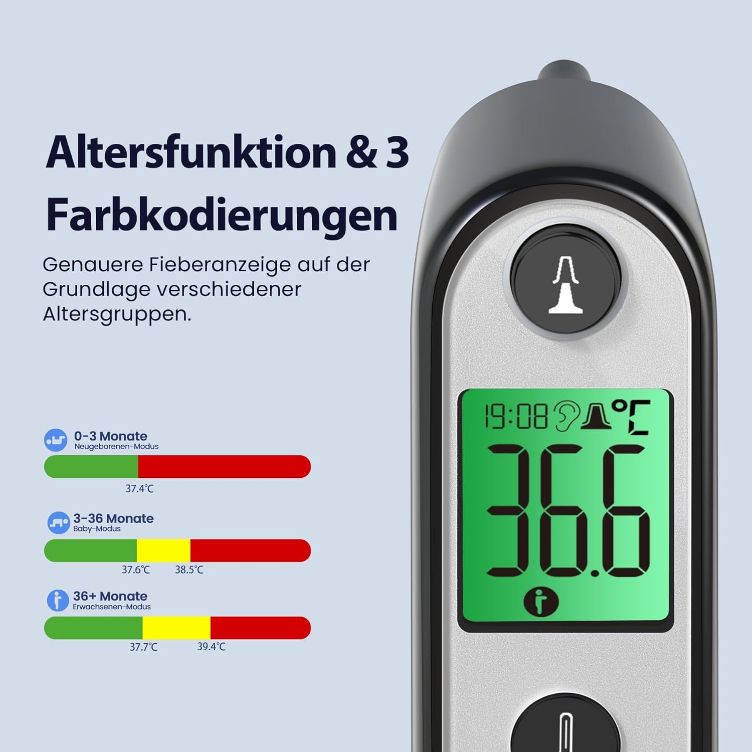 Thumbnail 3 de Digitales Infrarot-Ohrthermometer für Babys, Erwachsene & Senioren (Schwarz) – farbcodiertes Display, 21 Hygienekappen