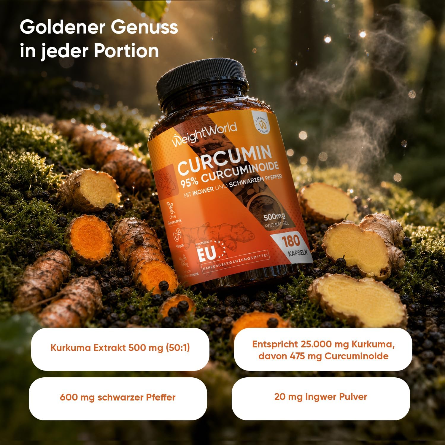 Detalle de Curcumin Kapseln 500 mg (50:1) – Kurkuma-Extrakt mit Ingwer & Schwarzem Pfeffer von WeightWorld, 180 Kapseln