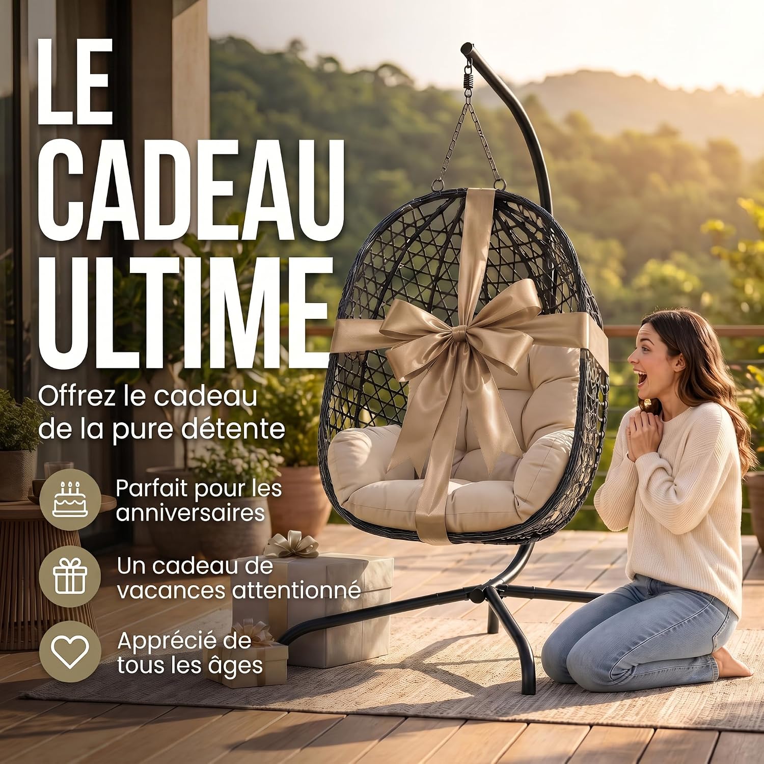 Thumbnail 6 de GOODS+GADGETS® Fauteuil Suspendu avec Support – Egg Chair 120 kg, rotin synthétique et coussin épais