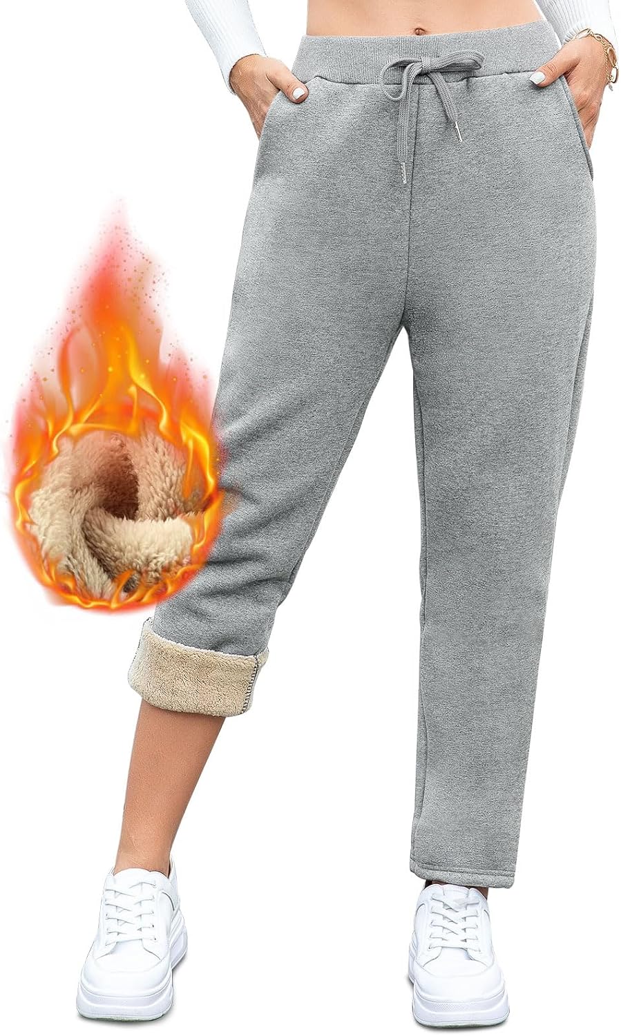 Detalle de Vorvowry fleecefodrade joggingbyxor för kvinnor med sherpa-foder och fickor
