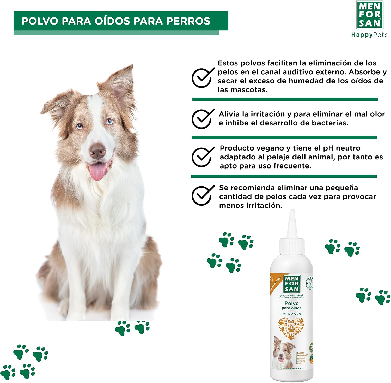 Detalle de MENFORSAN Polvere per orecchie 30 g: depilazione sicura del condotto uditivo per cani (vegano)
