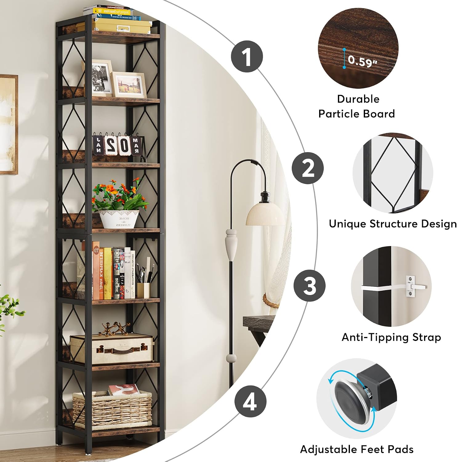 Thumbnail 5 de Tribesigns Narrow Bookshelf 7-Tier