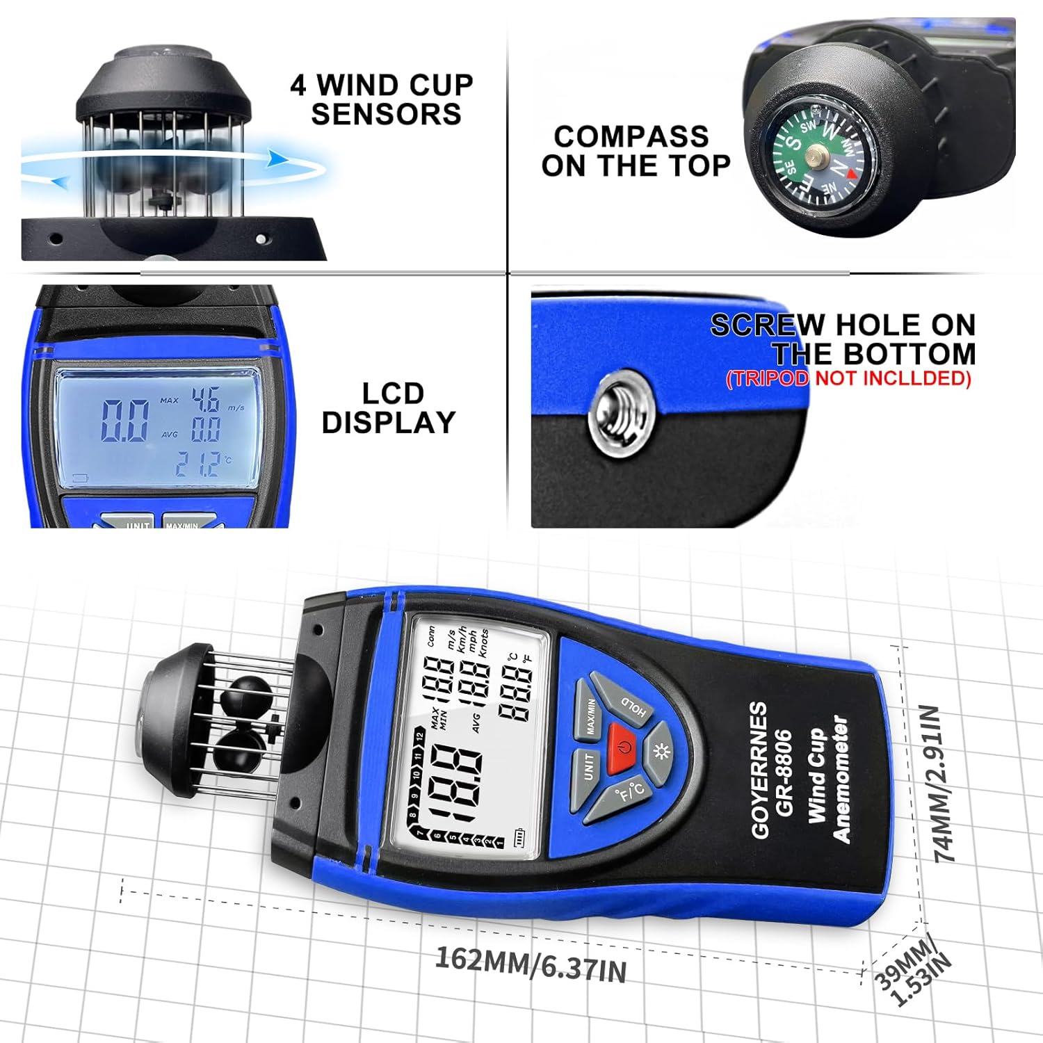 Detalle 2 de Anemometer Windmesser GR-8806 – Handheld, präzise Wind- und Temperaturmessung mit LCD und Stativanschluss