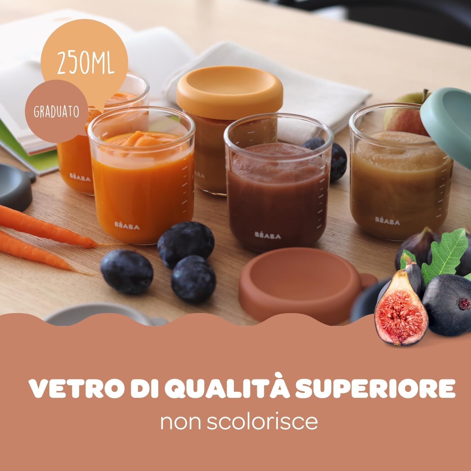 Detalle de BÉABA Set di 4 Contenitori Pappa in Vetro 250 ml Sunrise – pratici, impilabili e sicuri per congelare e riscaldare