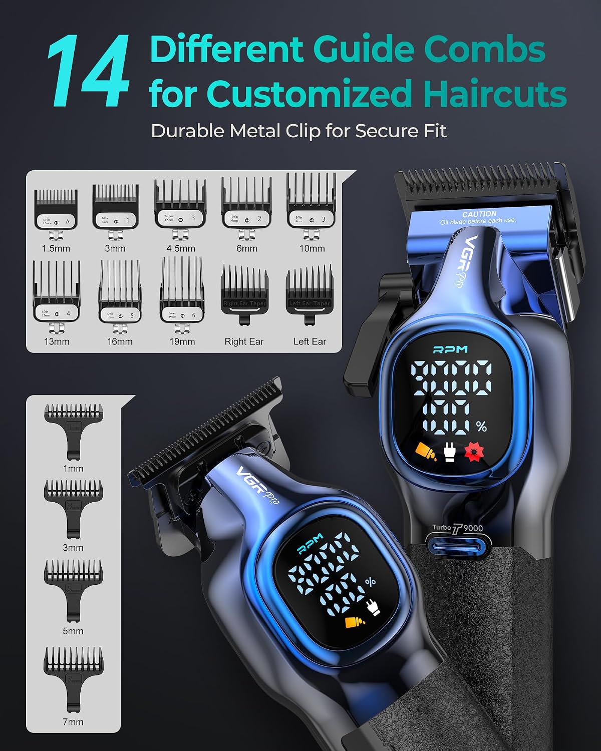 Detalle 2 de VGRPRO Hair Clipper and Trimmer Set, 14 Guide Combs