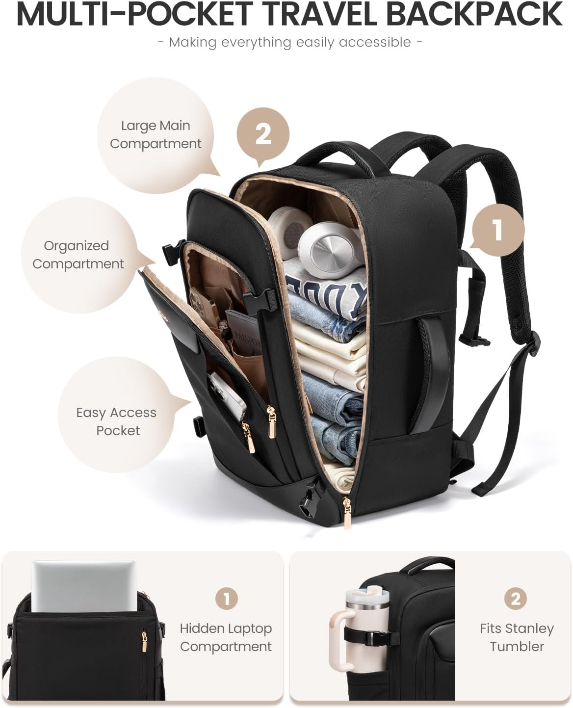 Thumbnail 4 de LOVEVOOK 40L Travel Backpack for Women & Men (TSA Personal Item) with Waterproof Compartments and Laptop Sleeve, Black