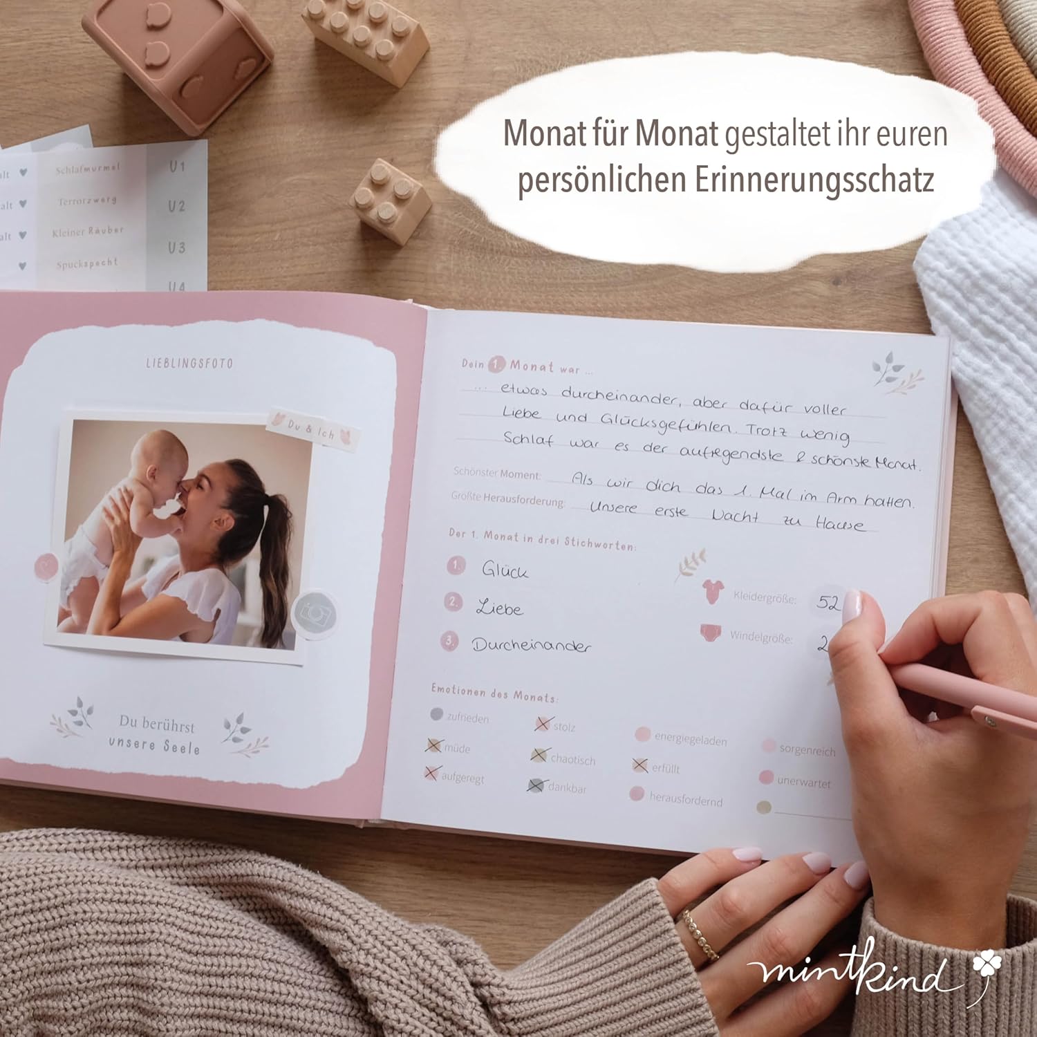Thumbnail 3 de mintkind® Mein erstes Jahr Babyalbum Blumen rosa – zartes Babytagebuch mit 176 Seiten & Sticker-Set (Hardcover, 21 x 21 cm)