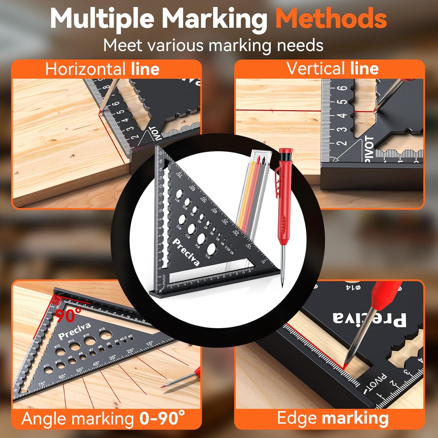 Thumbnail 2 de Preciva Zimmermannswinkel Set – Multifunktionaler Anschlagwinkel aus Aluminium, 18 cm, Winkelführung, Tieflochmarker