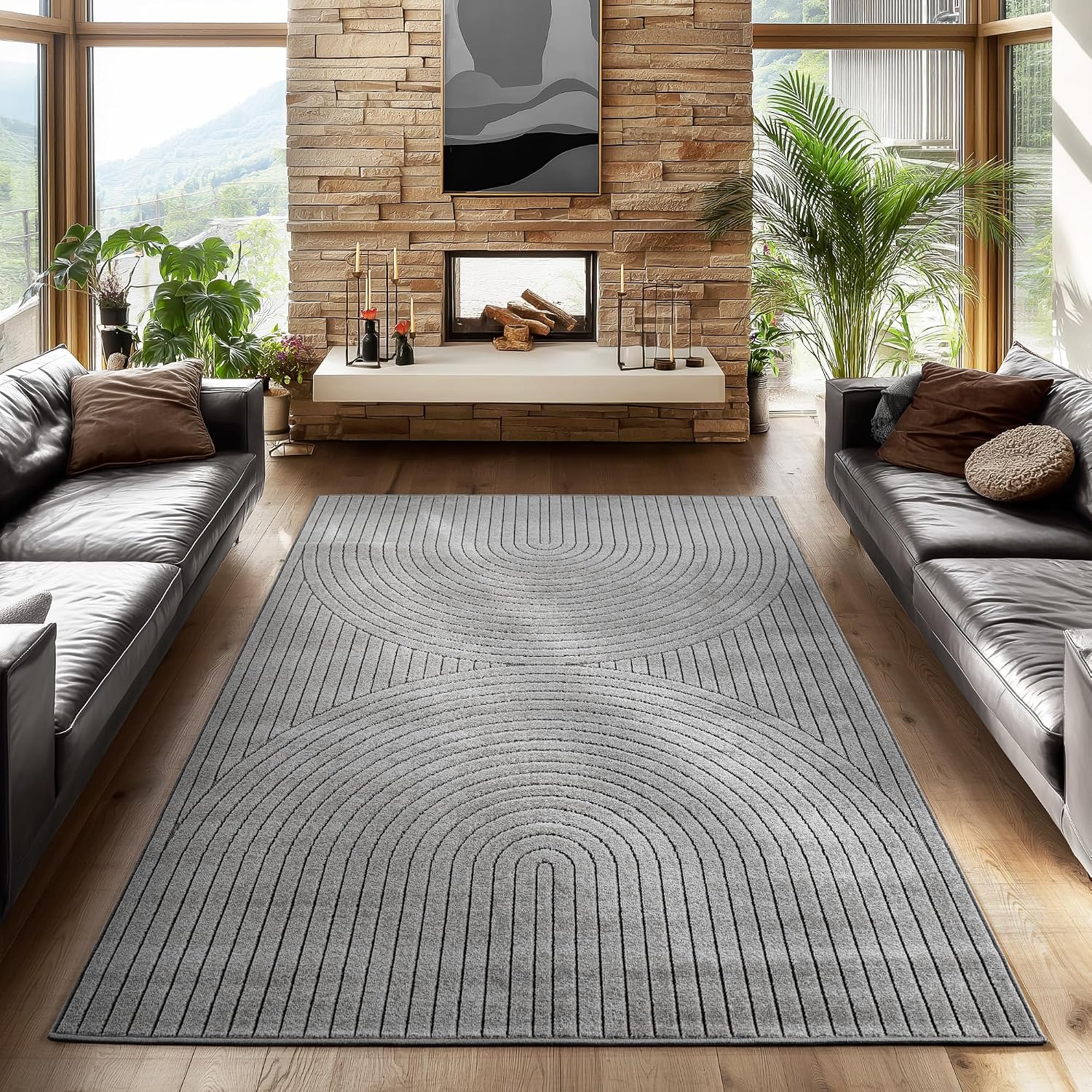 Detalle de SIMPEX Outdoor Teppich wetterfest 200x290 cm – Kurzflor mit Hoch-Tief-Effekt, grau