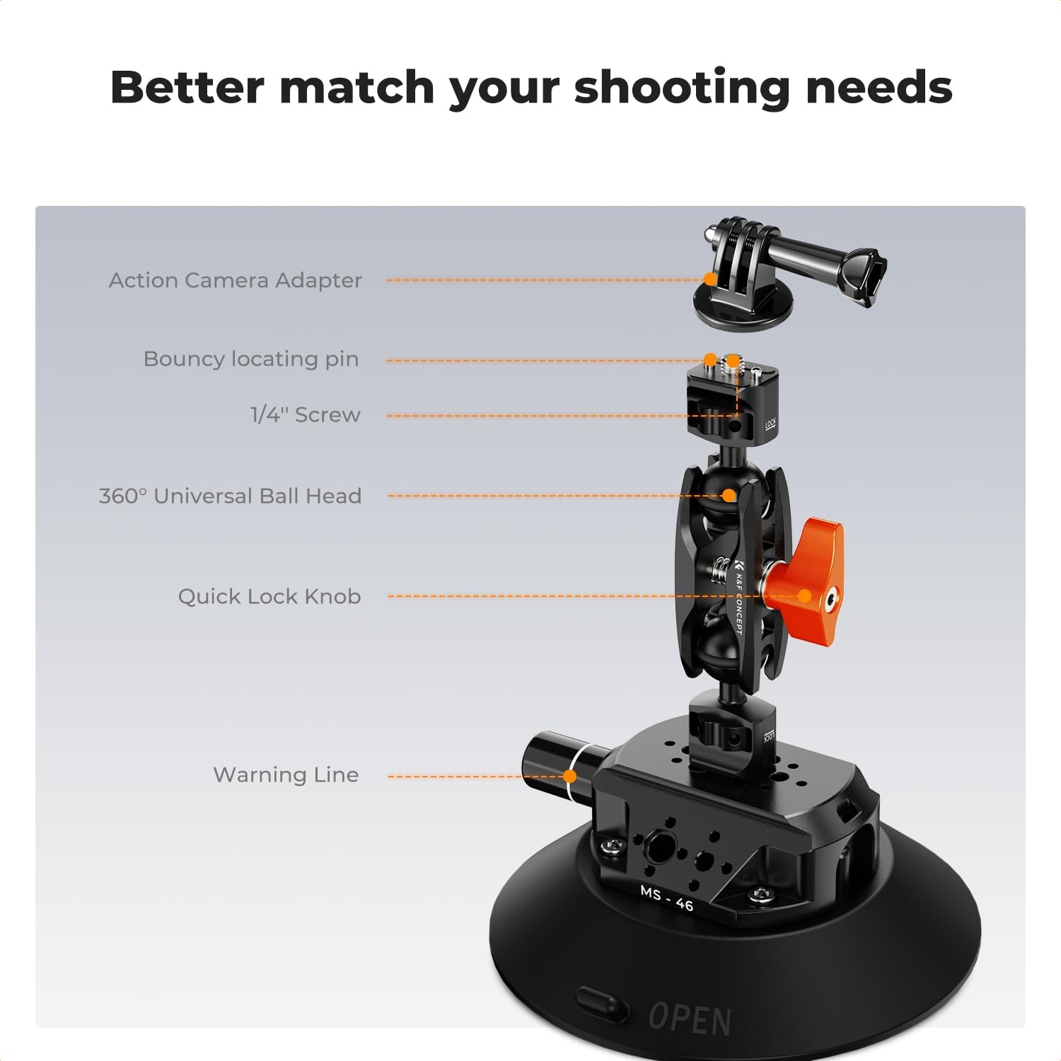Detalle 2 de K&F CONCEPT Support à ventouse 6 pouces (152 mm) avec bras magique double rotule, pince téléphone et adaptateur GoPro