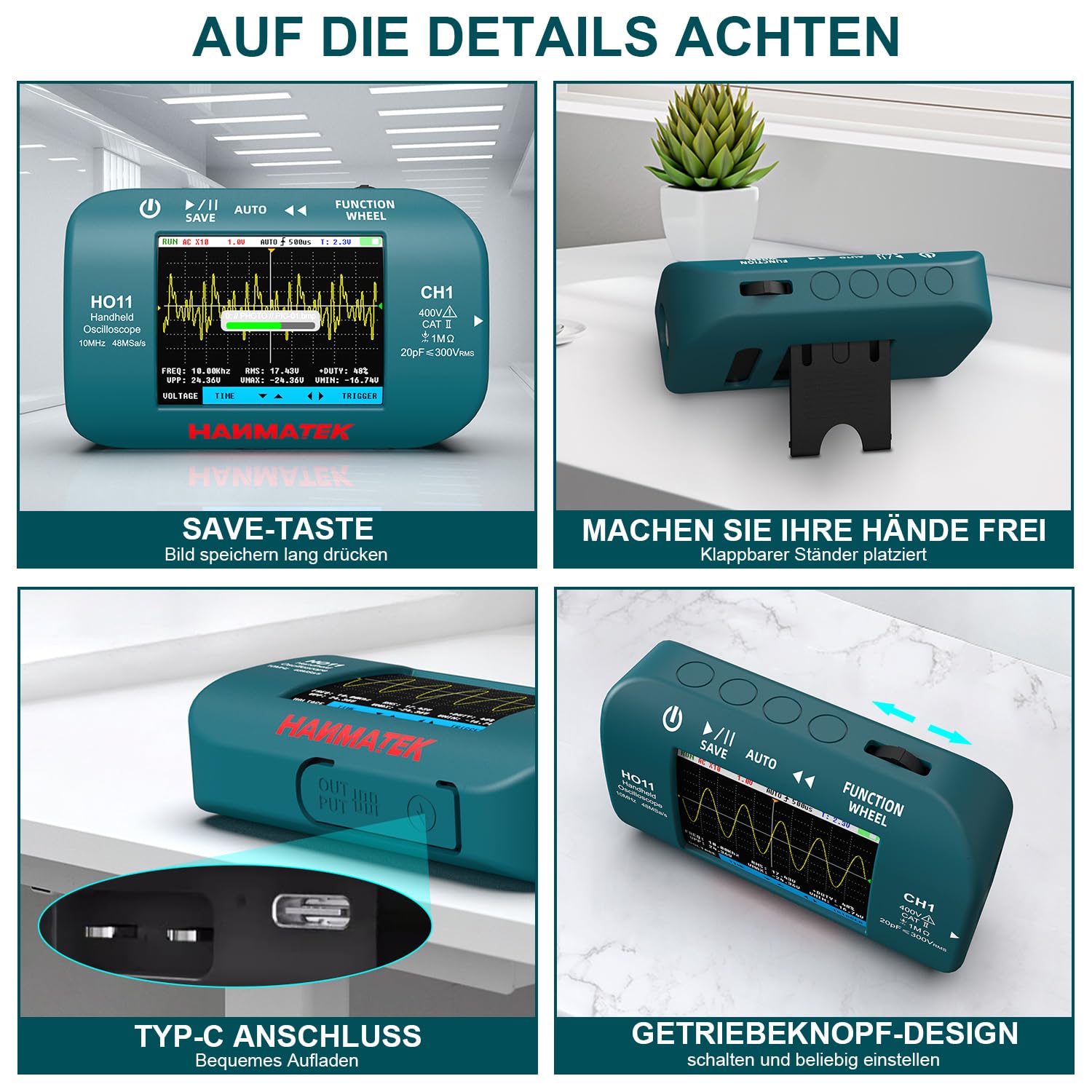 Detalle de HANMATEK HO11 Handheld-Digitaloszilloskop (10 MHz, 48 MSa/s) mit 2,8“-TFT und USB-Laden