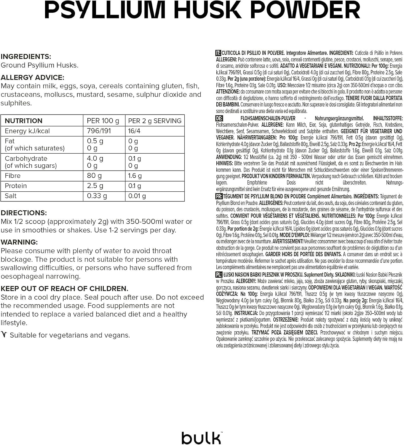 Detalle 2 de Bulk Pure Psyllium Husk Powder, 500 g – Fibra di alta qualità per l’uso quotidiano