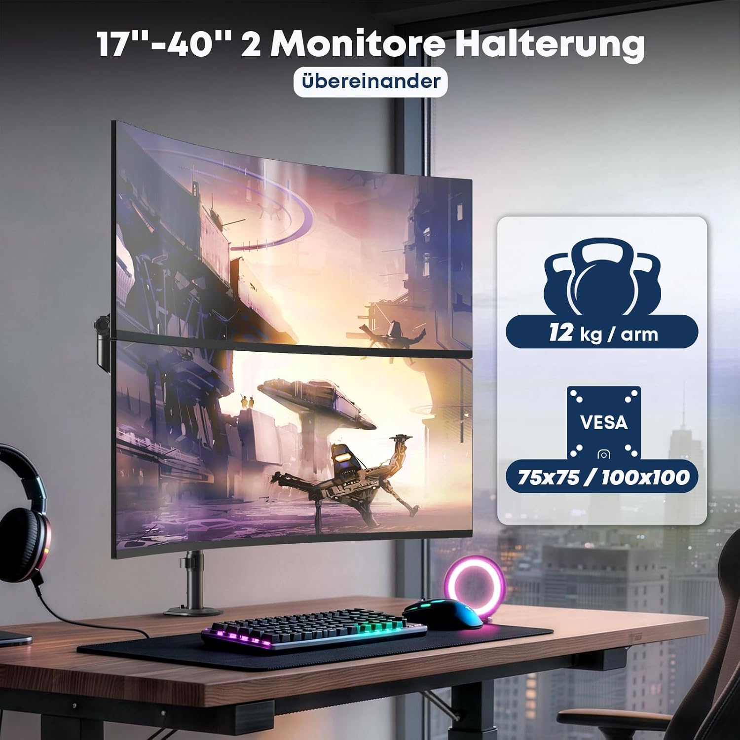 Detalle 2 de STANDOPIA Monitor Halterung 2 Monitore für 17–40 Zoll (bis 12 kg), VESA 75/100, vertikal & parallel