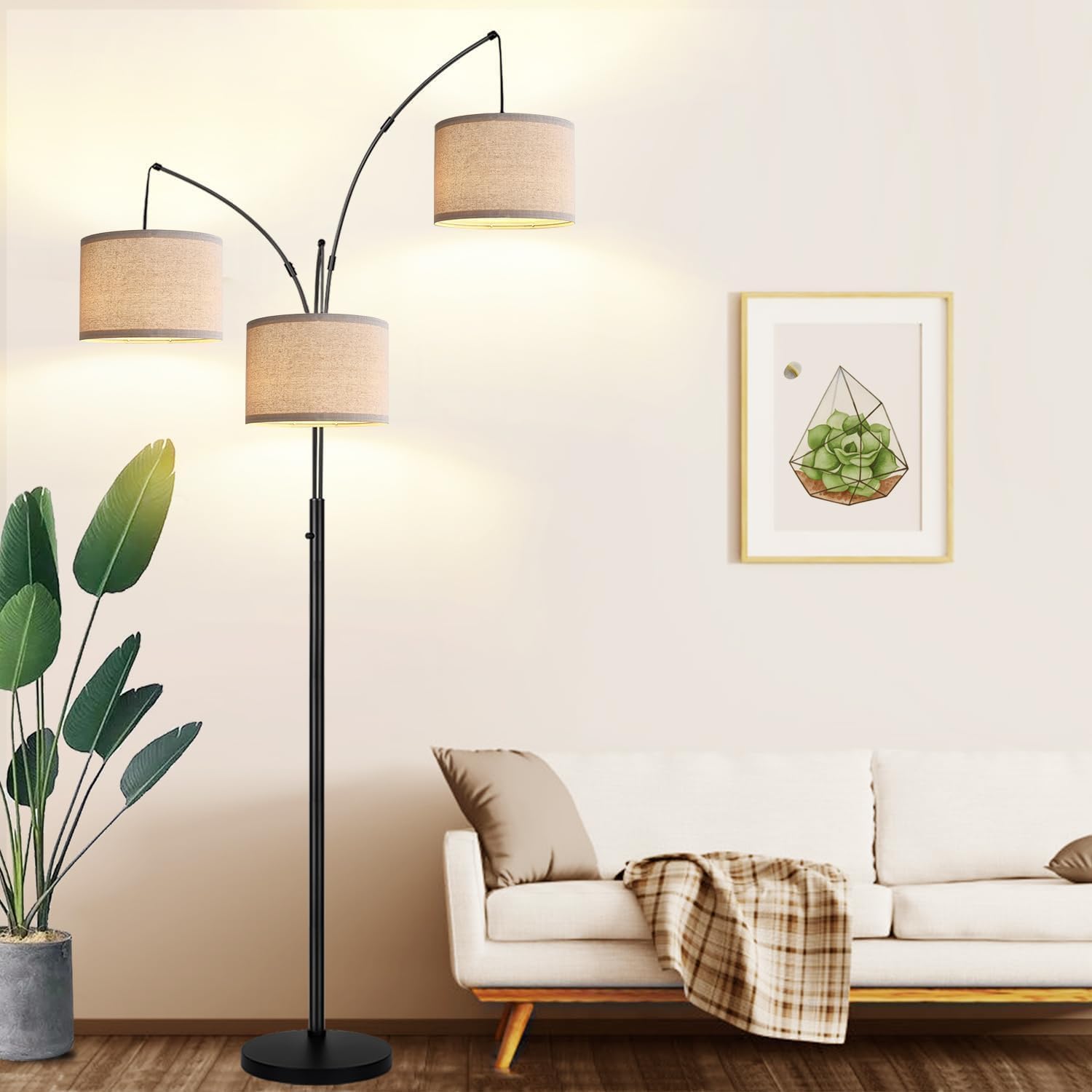 Detalle de Nintiue Dimmable 3-Light Arc Floor Lamp with Beige Shades (E26, 1000LM, 203cm)