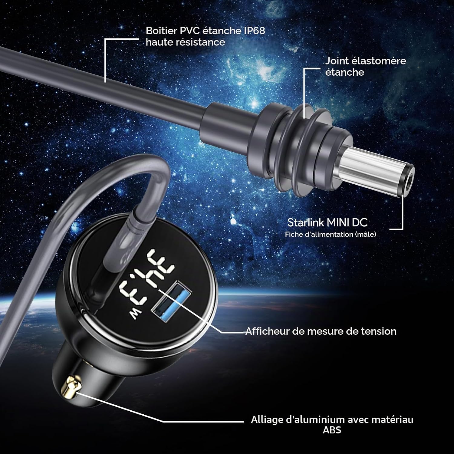 Detalle 2 de EDUP Starlink Mini-auto-adapter met DC-kabel van 3 m, USB-C en 12–24 V