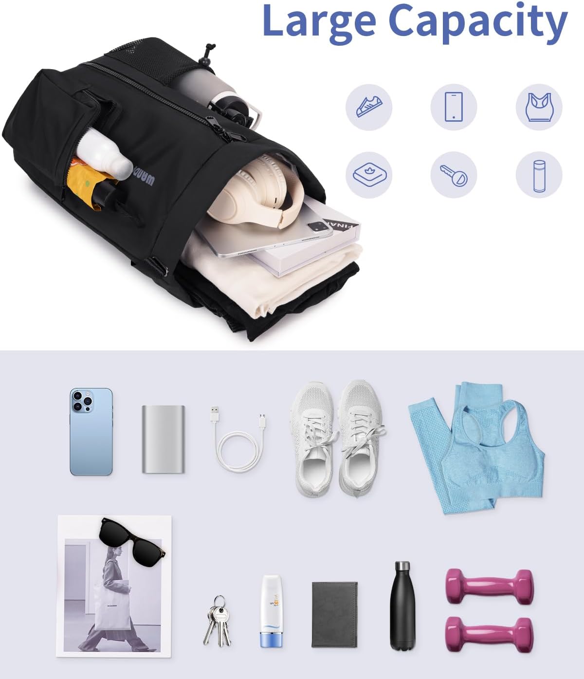 Thumbnail 2 de WANDF Drawstring Gym Bag with Shoes Compartment – 24L, 31 x 16 x 49 cm, Water-Resistant