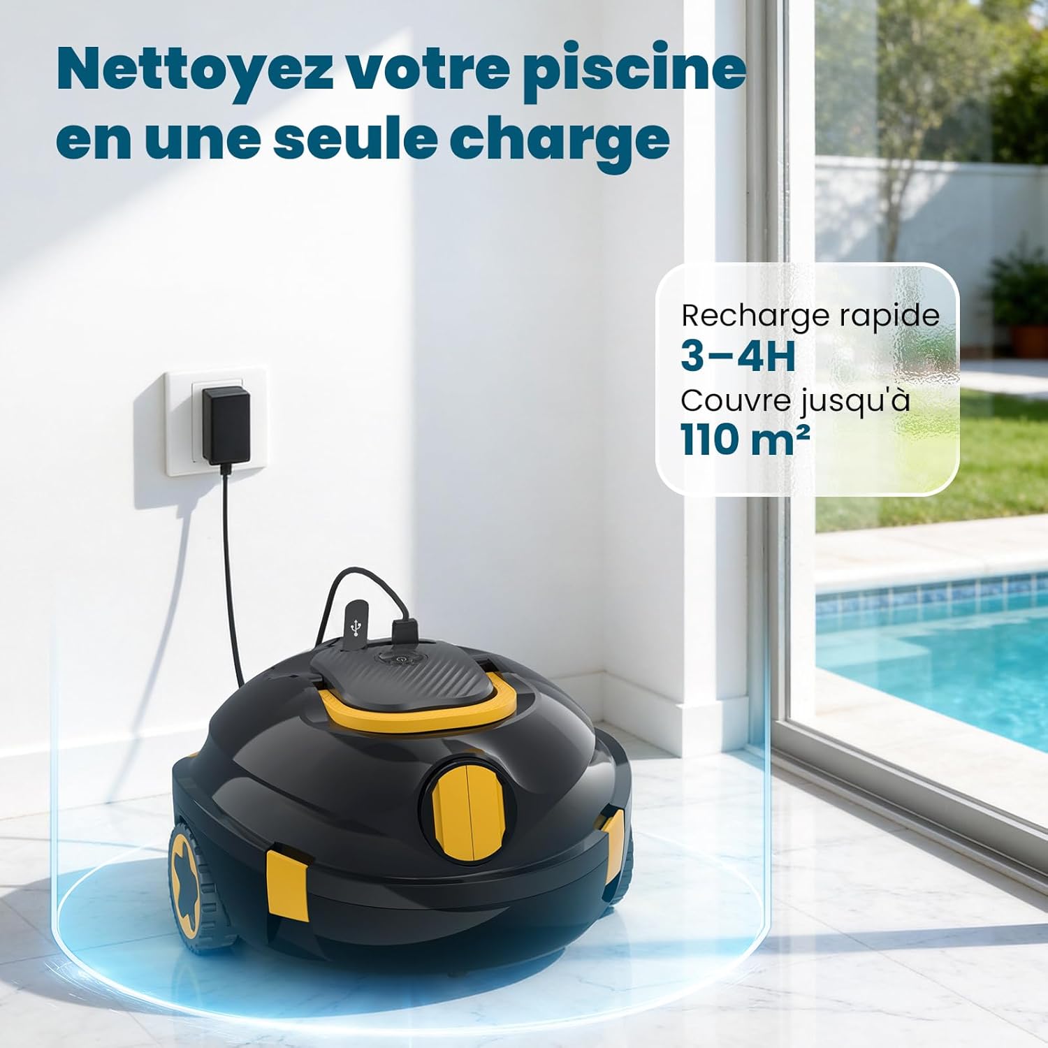 Detalle de Robot Nettoyeur de Piscine sans Fil | Auto-stationnement, 120 Min d’autonomie et Léger pour Piscines hors-sol ou enterrées jusqu’à 110 m²