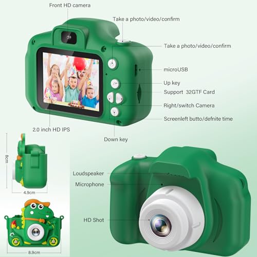 Detalle de Cámara de Fotos Infantil Dinosaurio Aissom 2'' 1080P con 32G: exploración, juegos y selfies seguras para niñas y niños