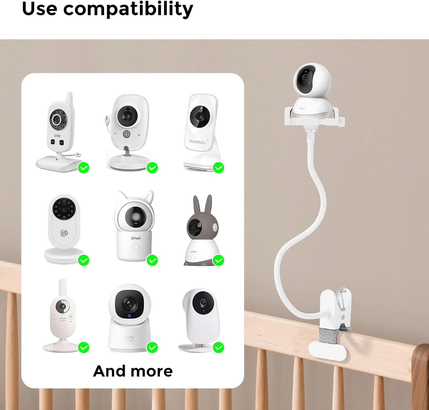 Detalle de Baby Monitor Holder: Universal Mount with 40cm Flexible Arm for Thick Cot Rails