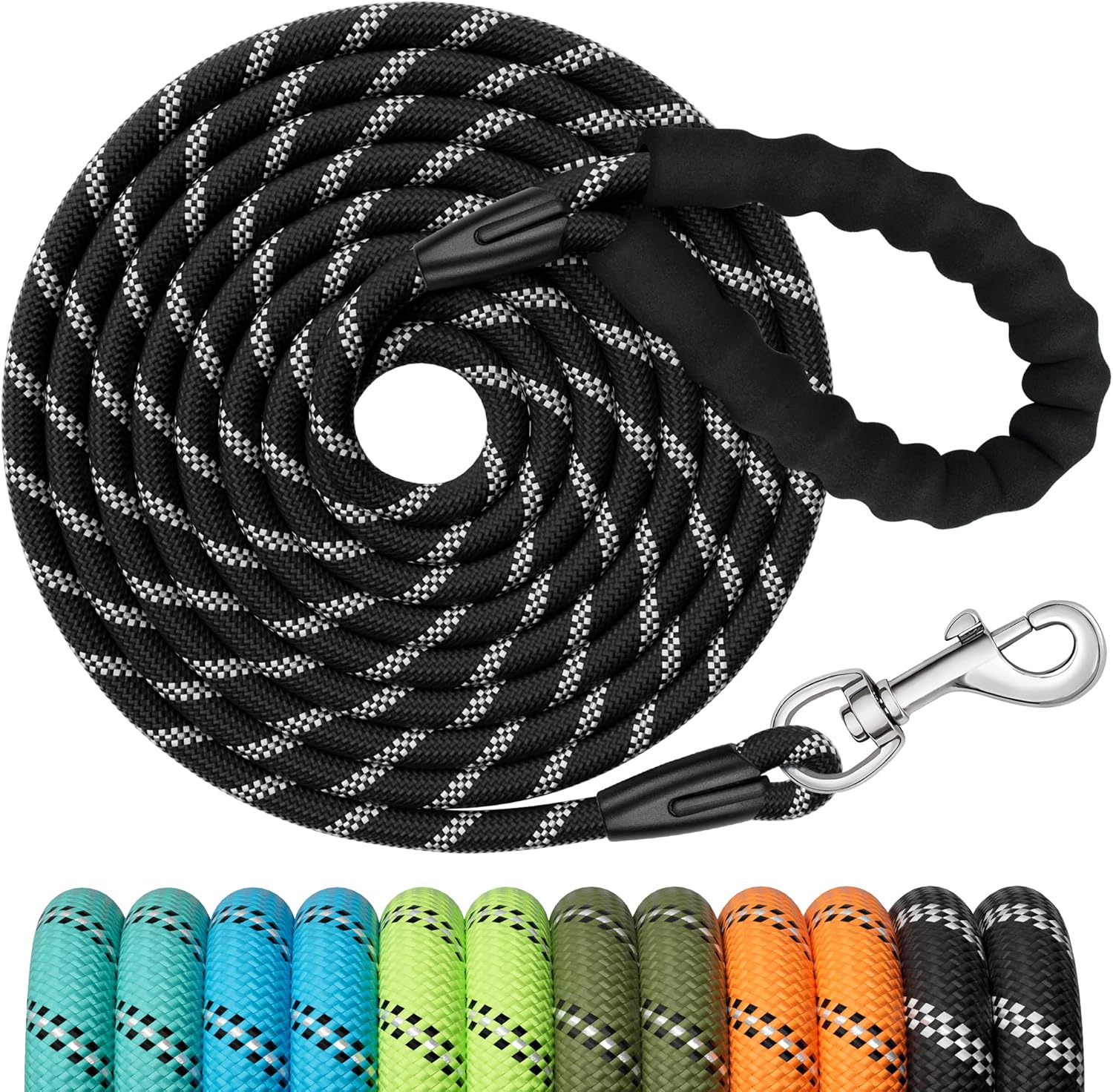 X XBEN 15m/49ft training lead for dogs with soft padded handle and reflective rope leash (black)