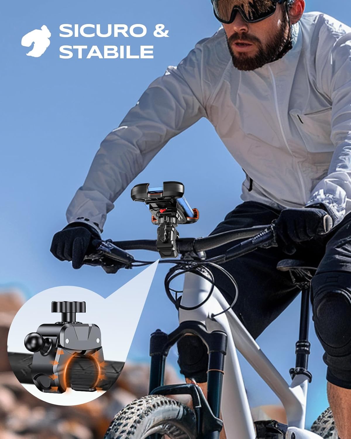 Detalle de CIRYCASE Porta Cellulare Moto e Bici con Morsetto Gravosi: robusto supporto universale per manubrio 4.7–6.8