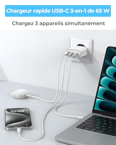 Thumbnail 2 de TOPADRE Chargeur USB-C 65W à 3 ports with GaN et câble 60W inclus