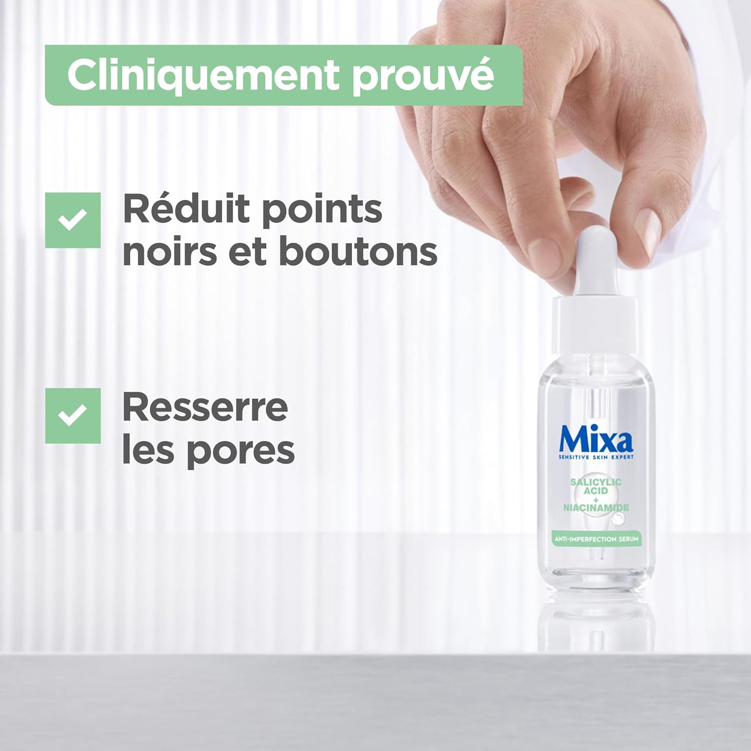Detalle de Mixa Anti-Unreinheiten Duo aus Niacinamid-Serum und Cleanser – für zu Unreinheiten neigende Haut
