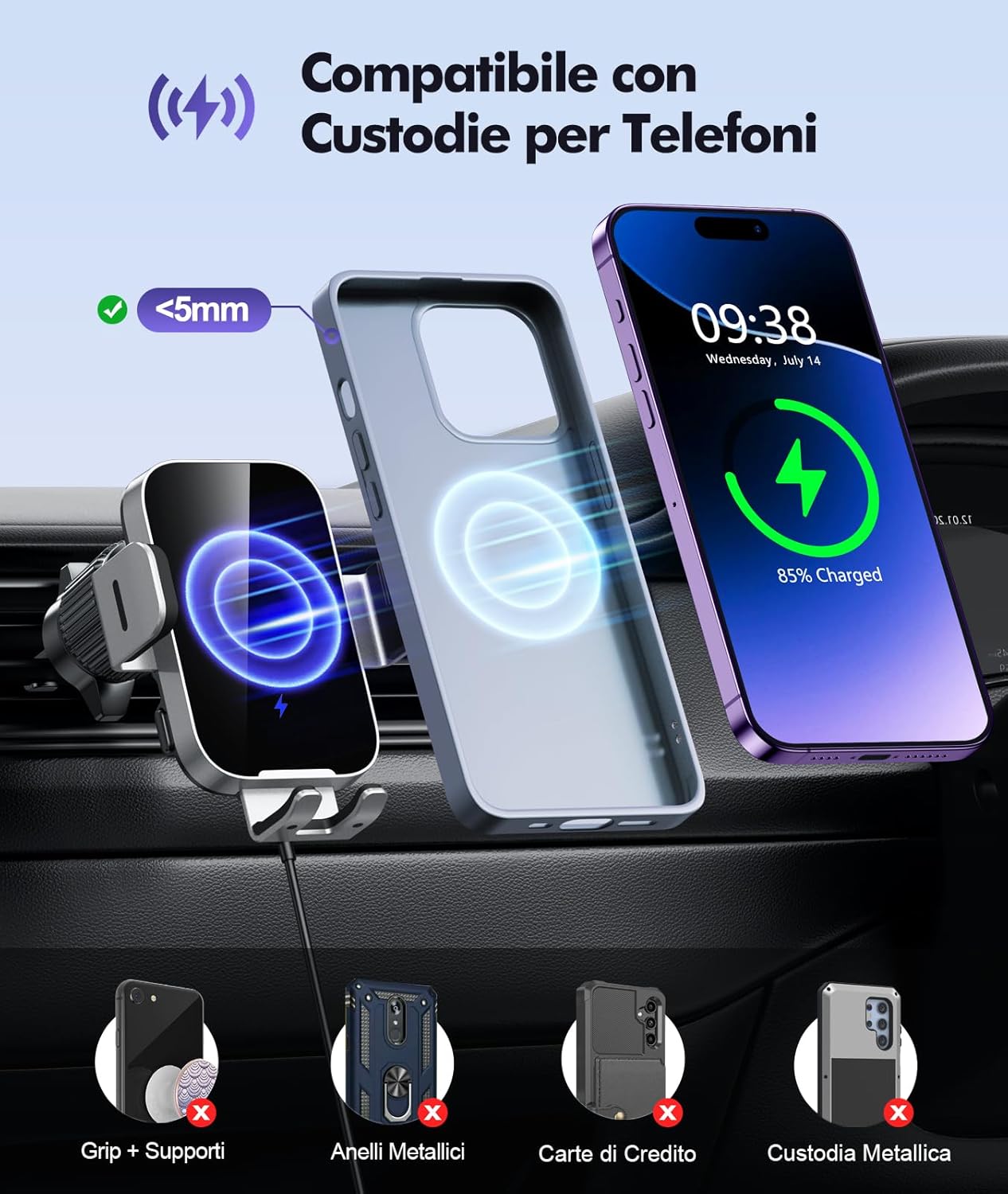 Thumbnail 6 de ISEYOU Caricatore Wireless Auto 15W con supporto 360° e bloccaggio automatico