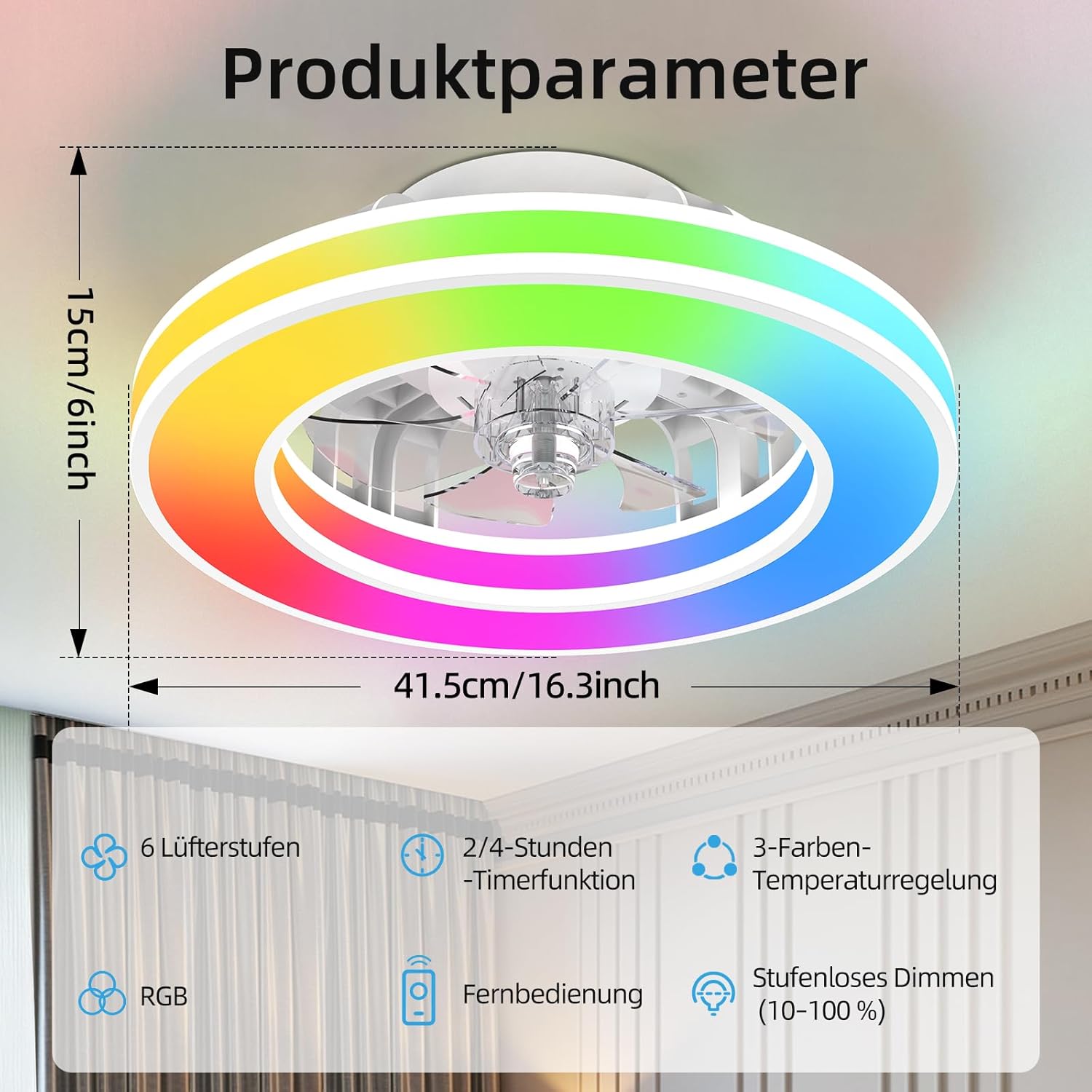 Detalle de Ateroll Deckenventilator mit Beleuchtung Ø41.5 cm – Dimmbar, RGB-Licht, 6 Geschwindigkeiten, Fernbedienung