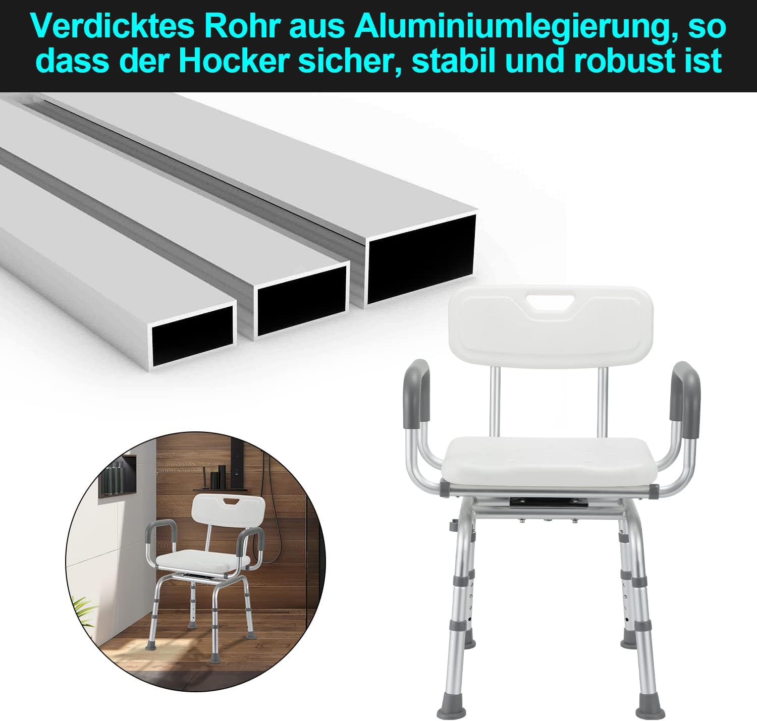 Thumbnail 4 de Sonnewelt sgabello da doccia girevole a 360° con schienale, bracciolo e altezza regolabile 40–48 cm