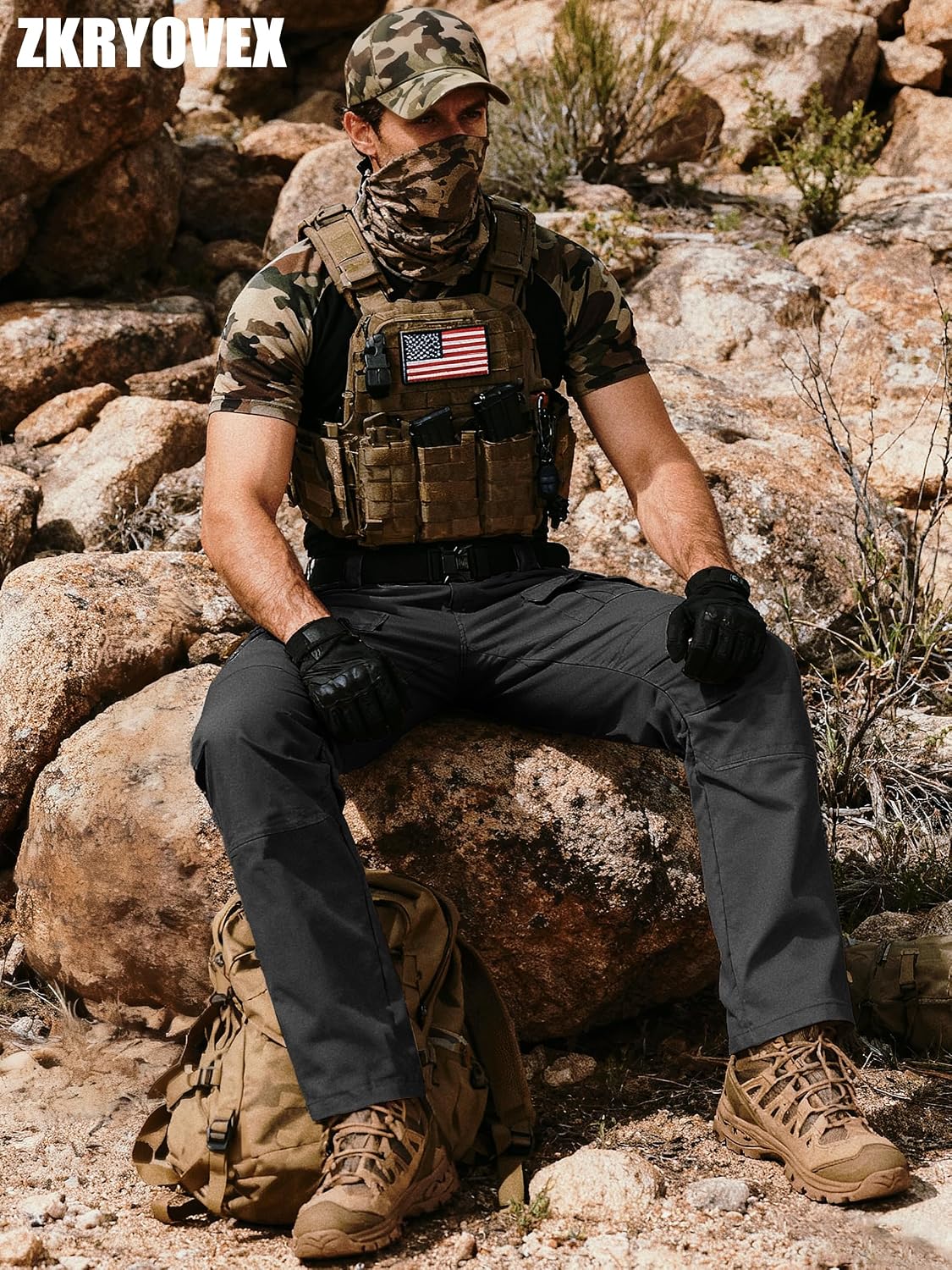 Detalle de ZKRYOVEX Men's Tactical Pants, Stretch Ripstop Cargo with 10 Pockets