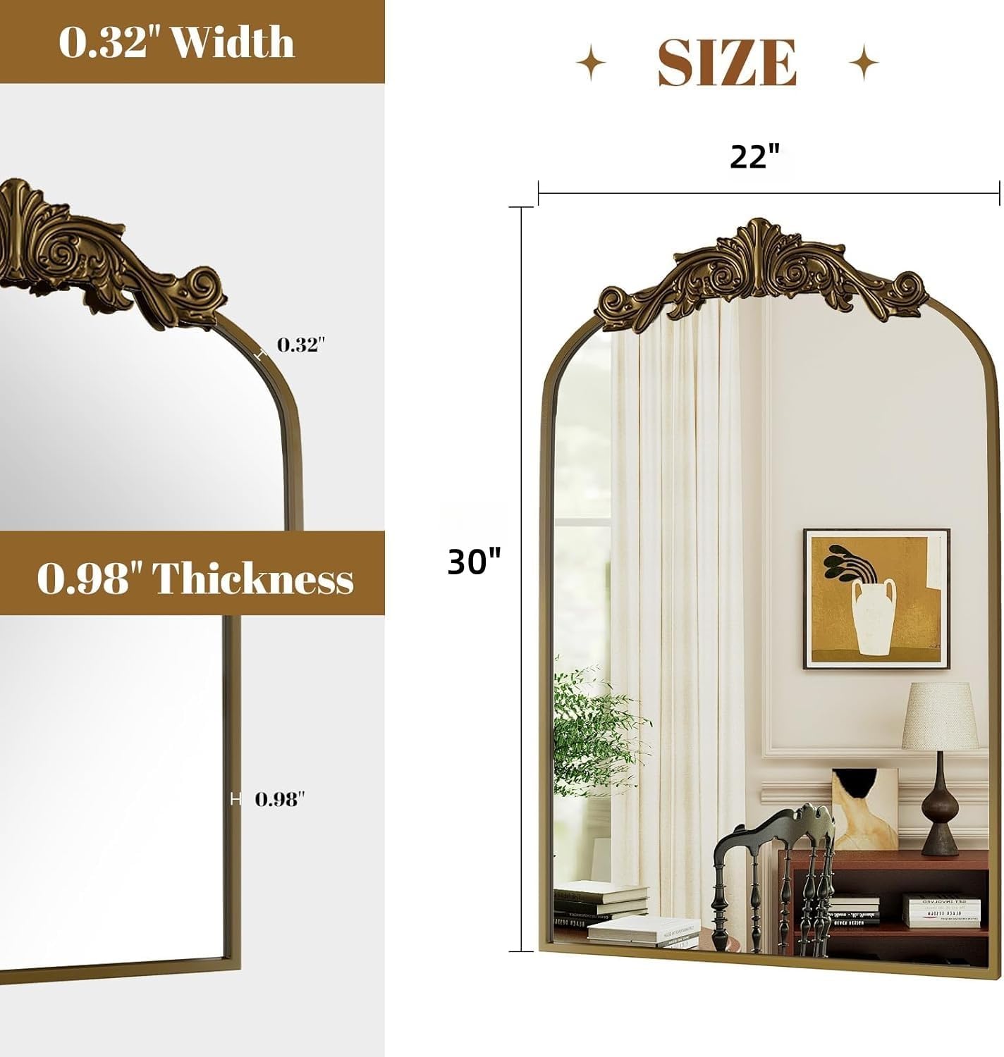 Detalle de Dewfig Antique Arched Wall Mirror (22" x 30") with Vintage Bronze Baroque Frame