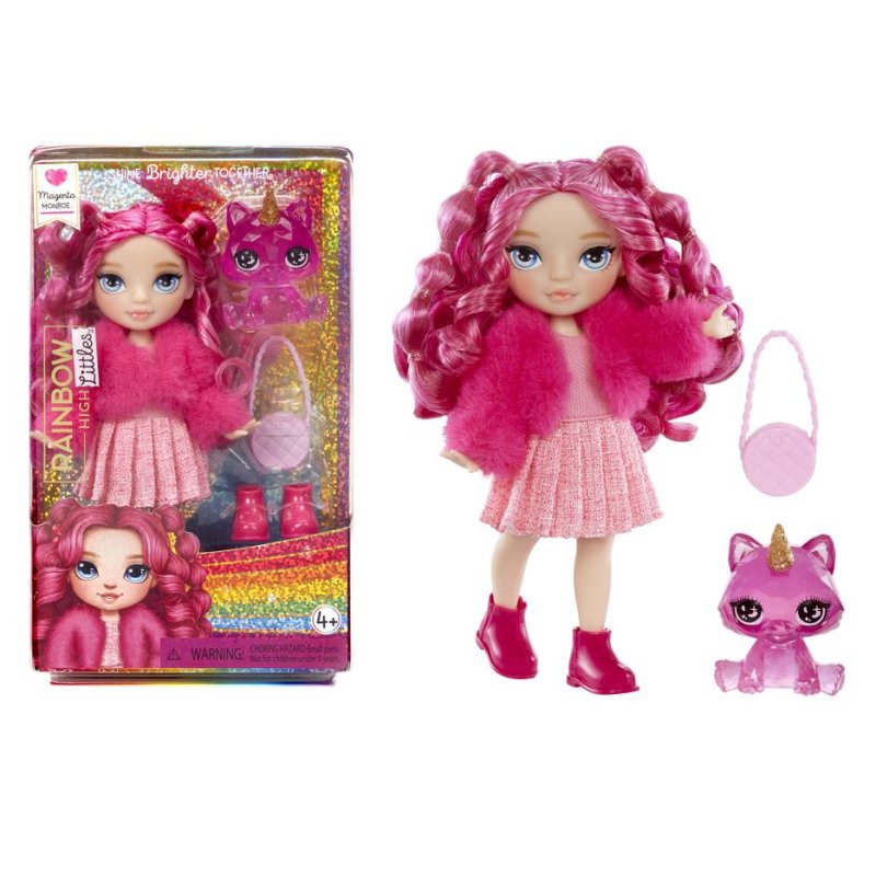 Detalle de Muñeca Rainbow High Littles Magenta Monroe 14 cm con Gatito y Accesorios