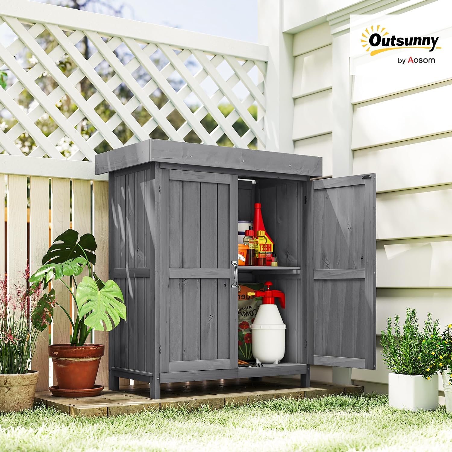 Detalle 2 de Outsunny 845-212 tuinkast met dubbele deur, grijs, in massief grenenhout