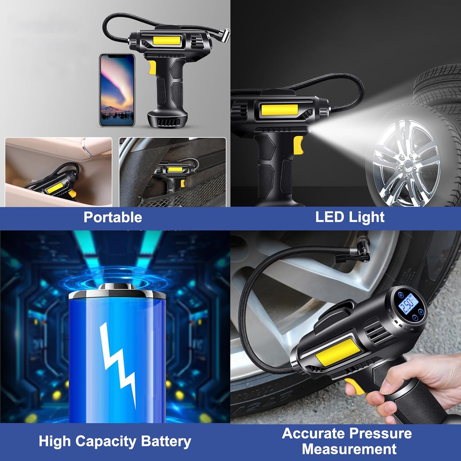 Thumbnail 6 de ProChosen Cordless Tyre Inflator Air Compressor (12V, 7000mAh) – Portable 150 PSI with LCD Display, LED Light and 3 Nozzles