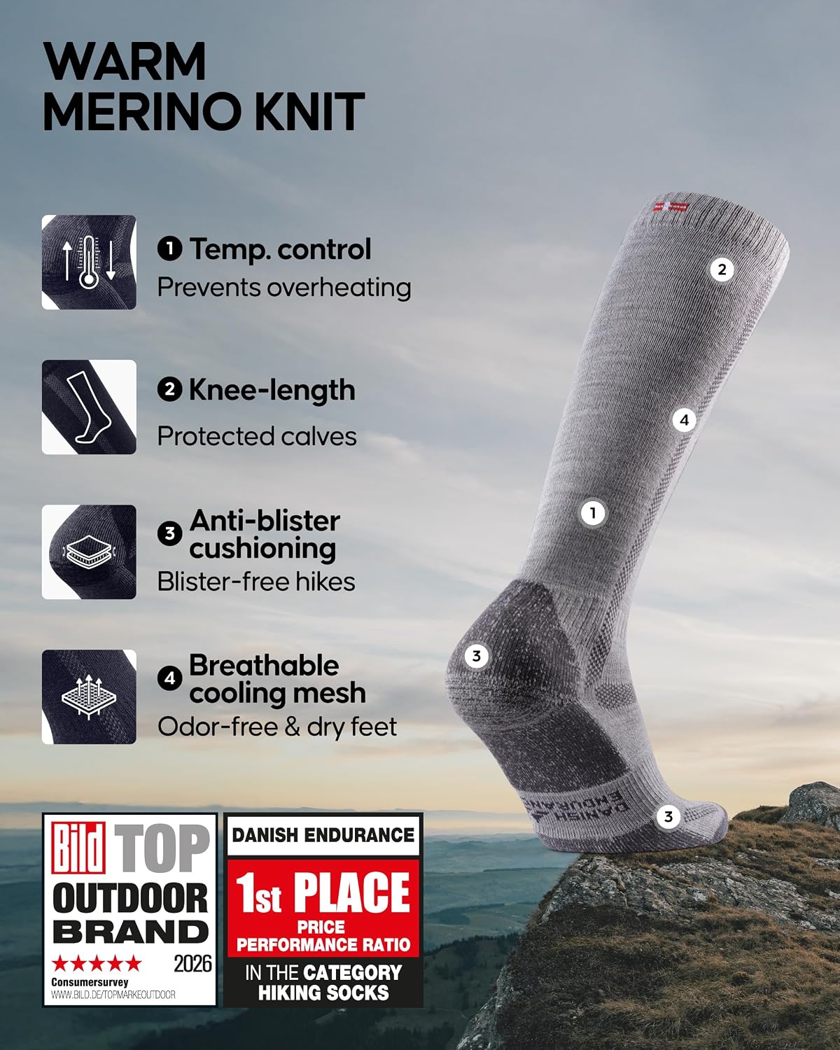 Detalle de DANISH ENDURANCE Merino Wool Knee-High Hiking Socks with Full Cushioning