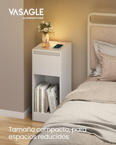 Detalle de VASAGLE KAILYN LET710W01, 2 mesitas de noche con LED, cajón y puertos USB