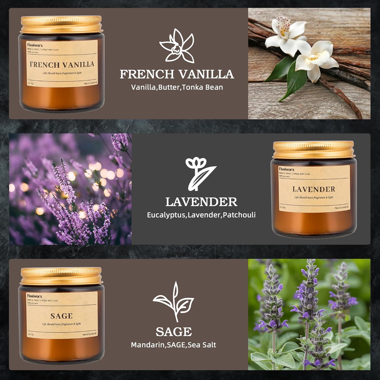 Detalle de 9 Pack Soy Candles for Home: Vanilla, Lavender & Sage (270 Hours)
