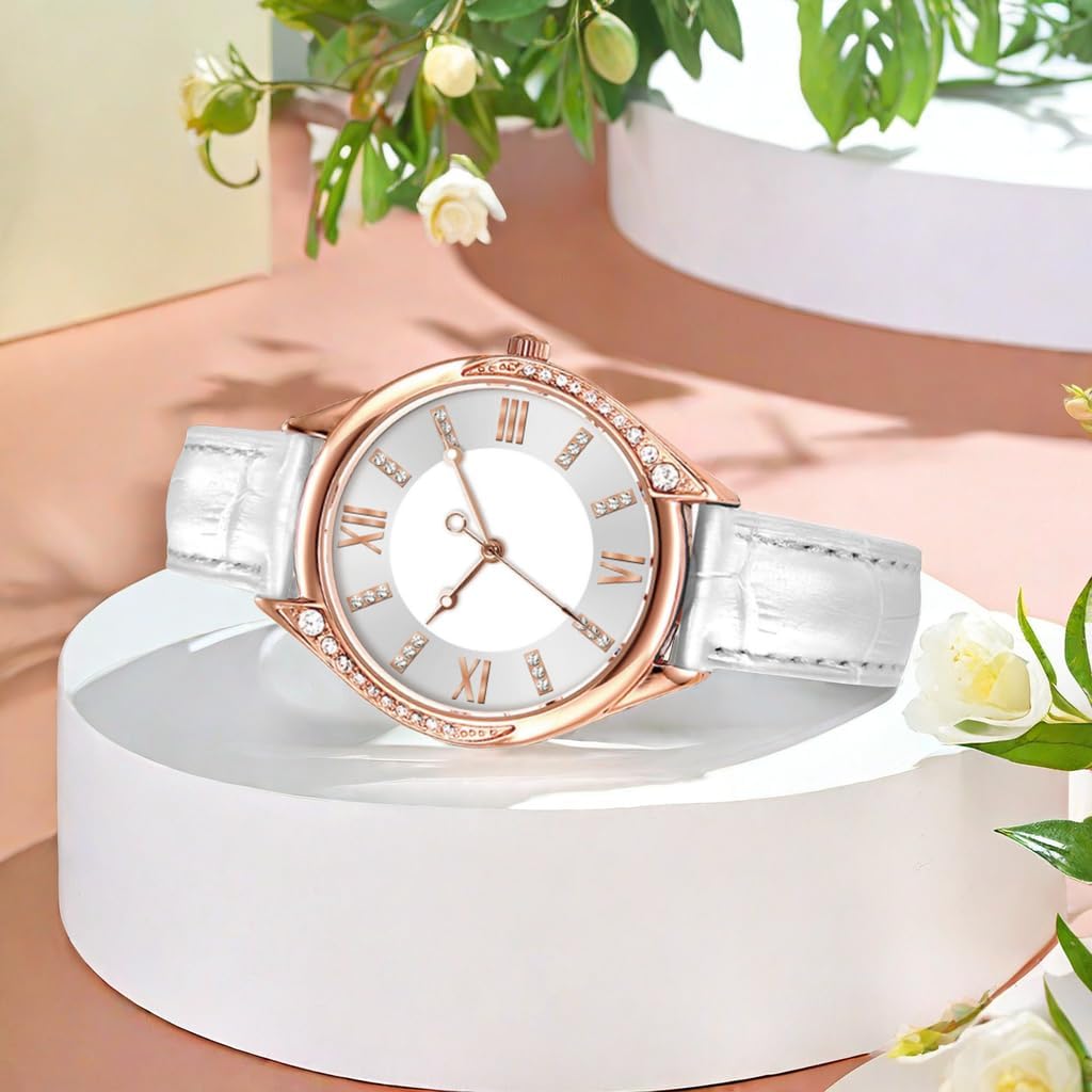 Detalle de Comtex Modische Damen-Armbanduhr Analog Quarz Weiß Zifferblatt – Roségold Gehäuse und Diamanten