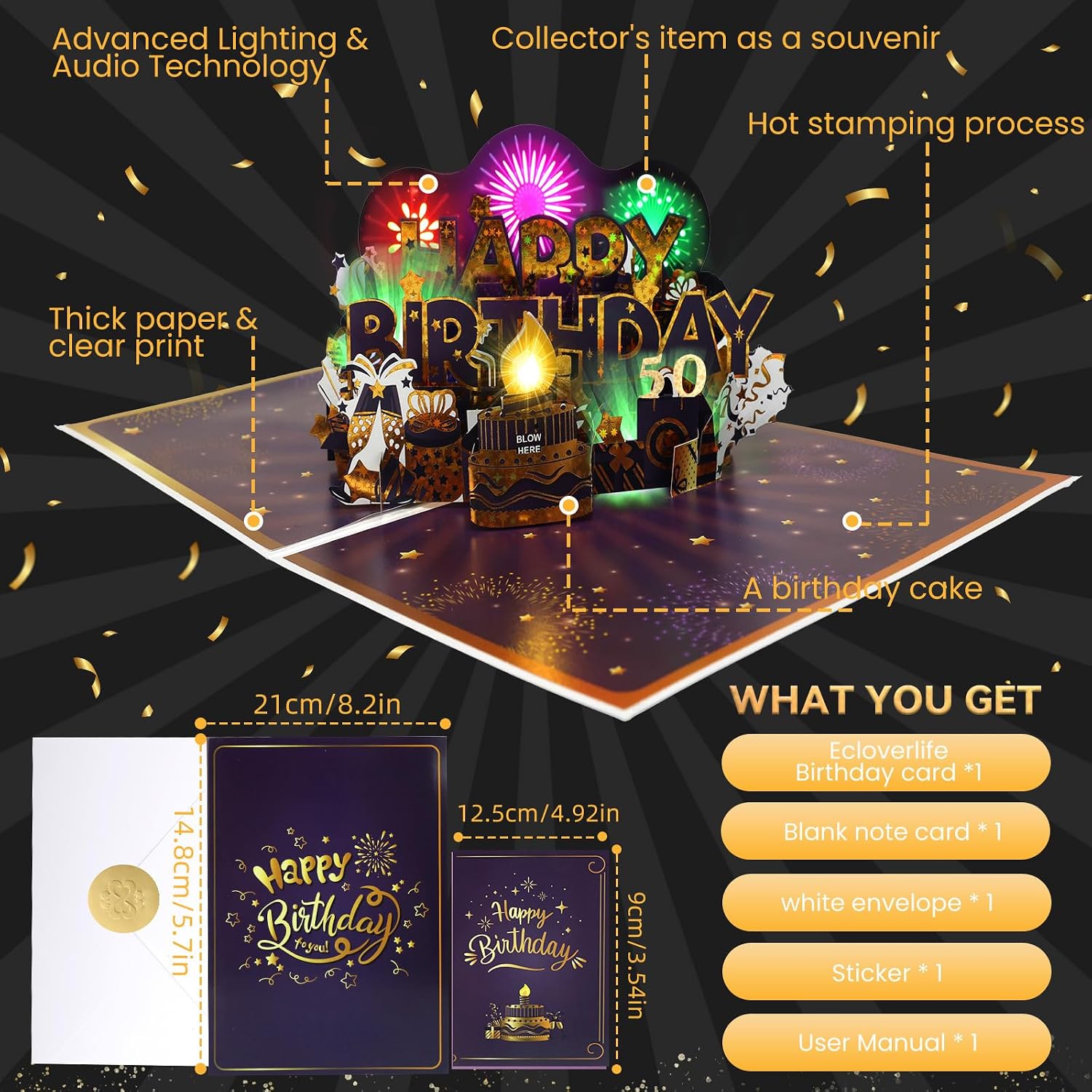 Thumbnail 5 de Ecloverlife 50th Birthday Card with Music, Fireworks & Blow-Out “Pop” Sound