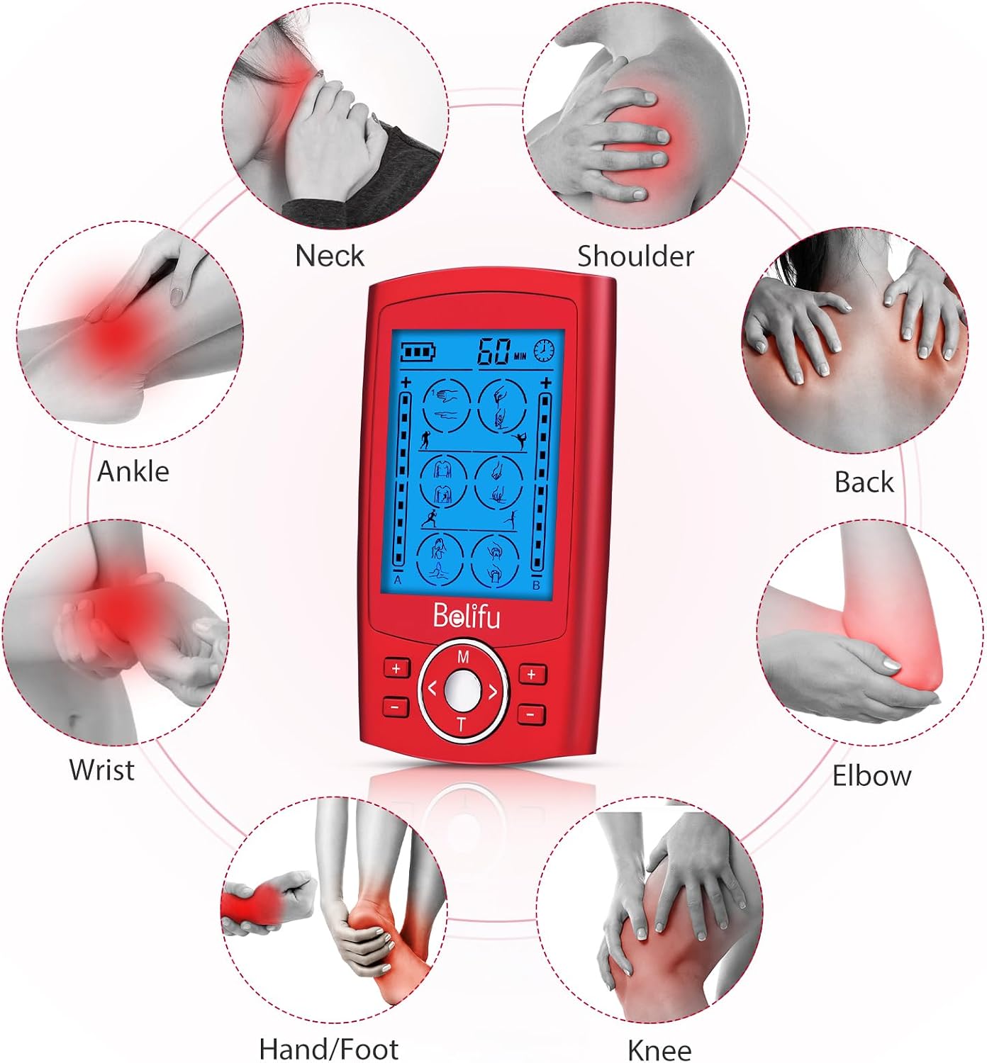 Detalle de Belifu SM9126 Dual-Channel TENS EMS Unit with 24 Modes and 10 Pads