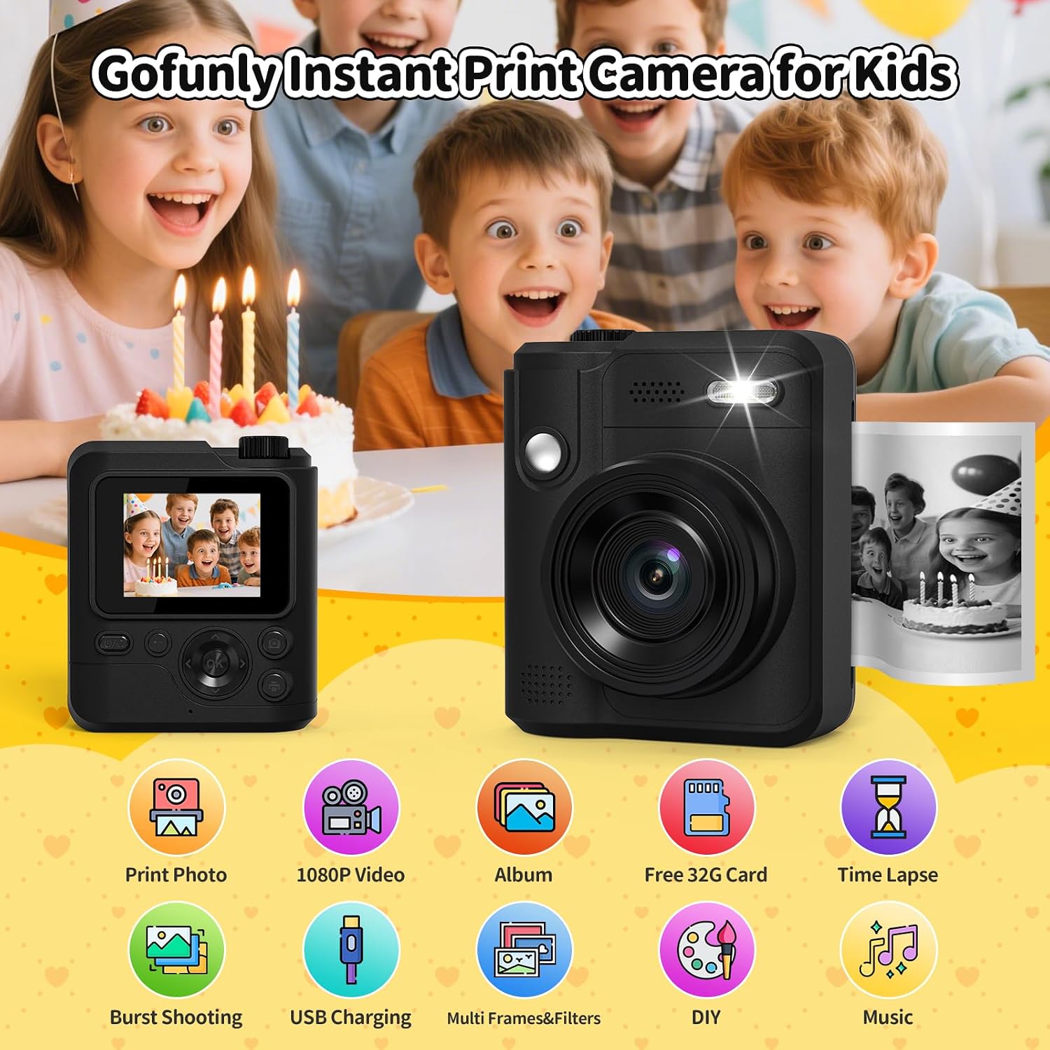 Detalle 2 de Gofunly Sofortbildkamera für Kinder (1080P, 32-GB-Karte & Druckpapier) – mit sofortigem Schwarzweißdruck
