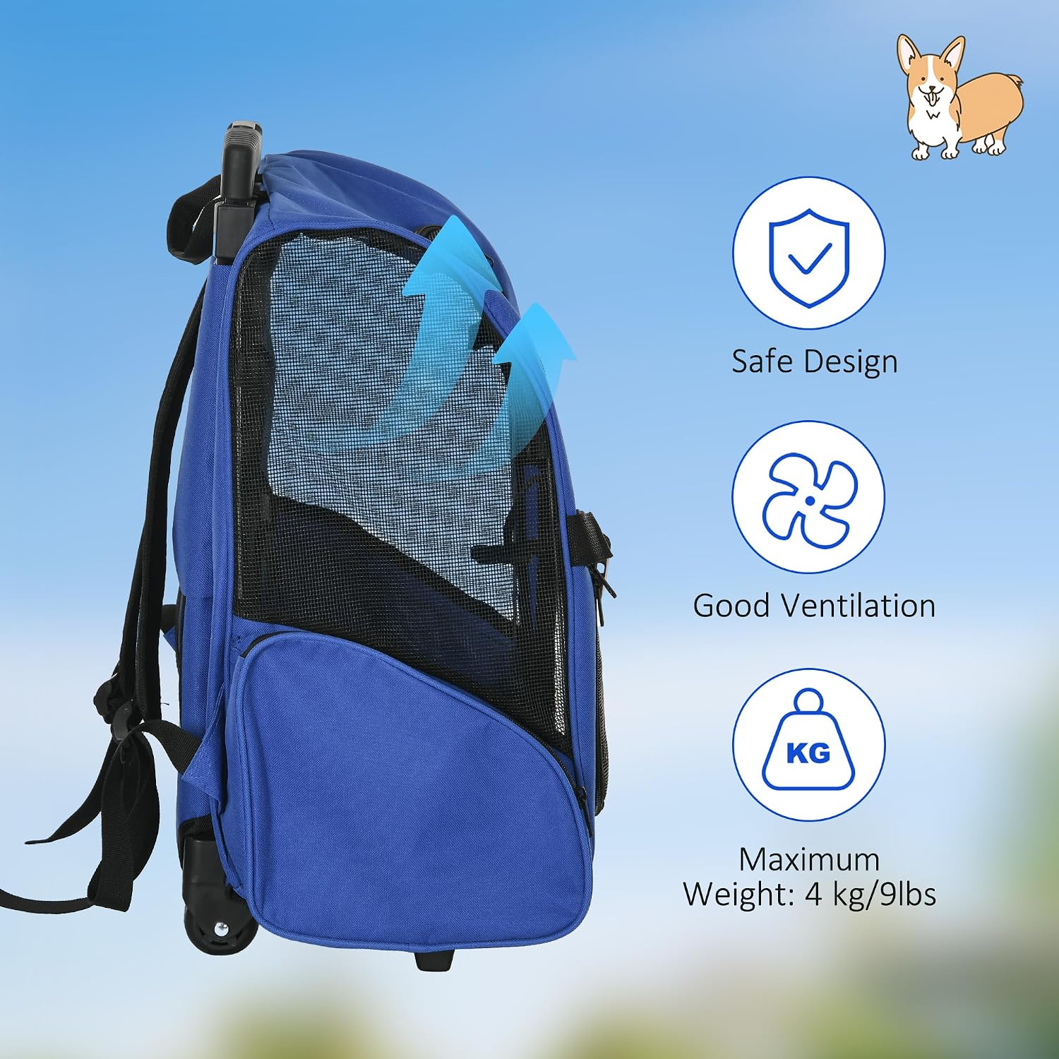 Thumbnail 6 de PawHut Pet Travel Backpack Bag Carrier with Trolley and Telescopic Handle (Blue)