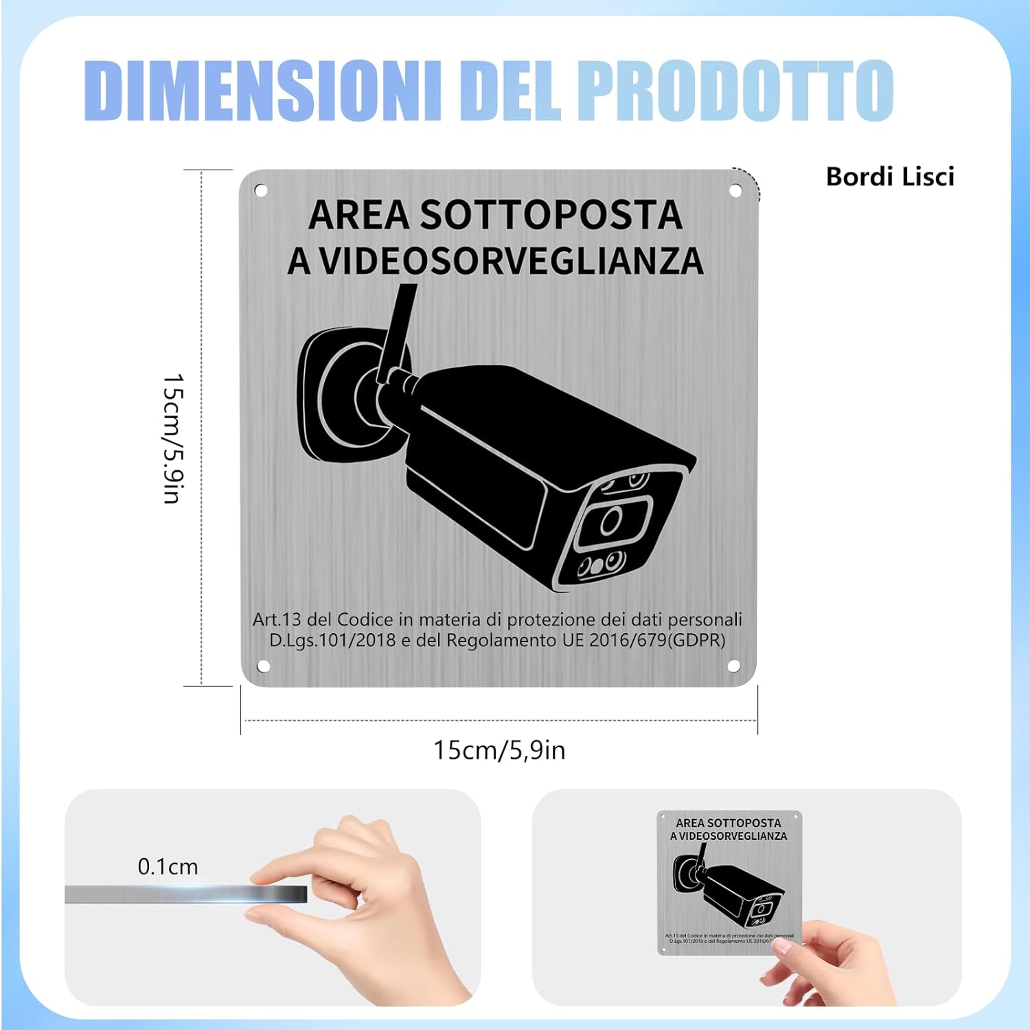 Thumbnail 1 de REIGY Cartello Area Videosorvegliata in alluminio esterno 15x15 cm (2 pezzi) con adesivo 3M e GDPR