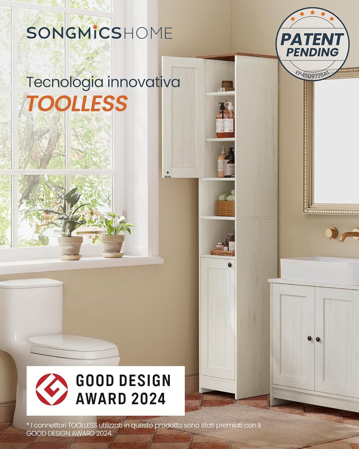 Detalle de SONGMICS HOME Mobiletto da Bagno Stretto BBC667WJ01: montaggio toolless, design compatto e stile farmhouse moderno