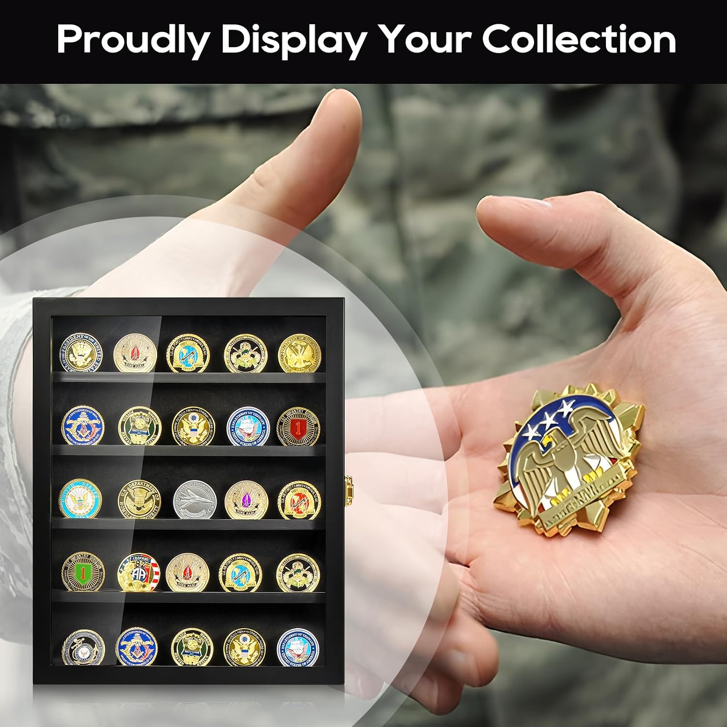 Detalle de Military Challenge Coin Display Case with Removable Shelves – Wall Mount Shadow Box