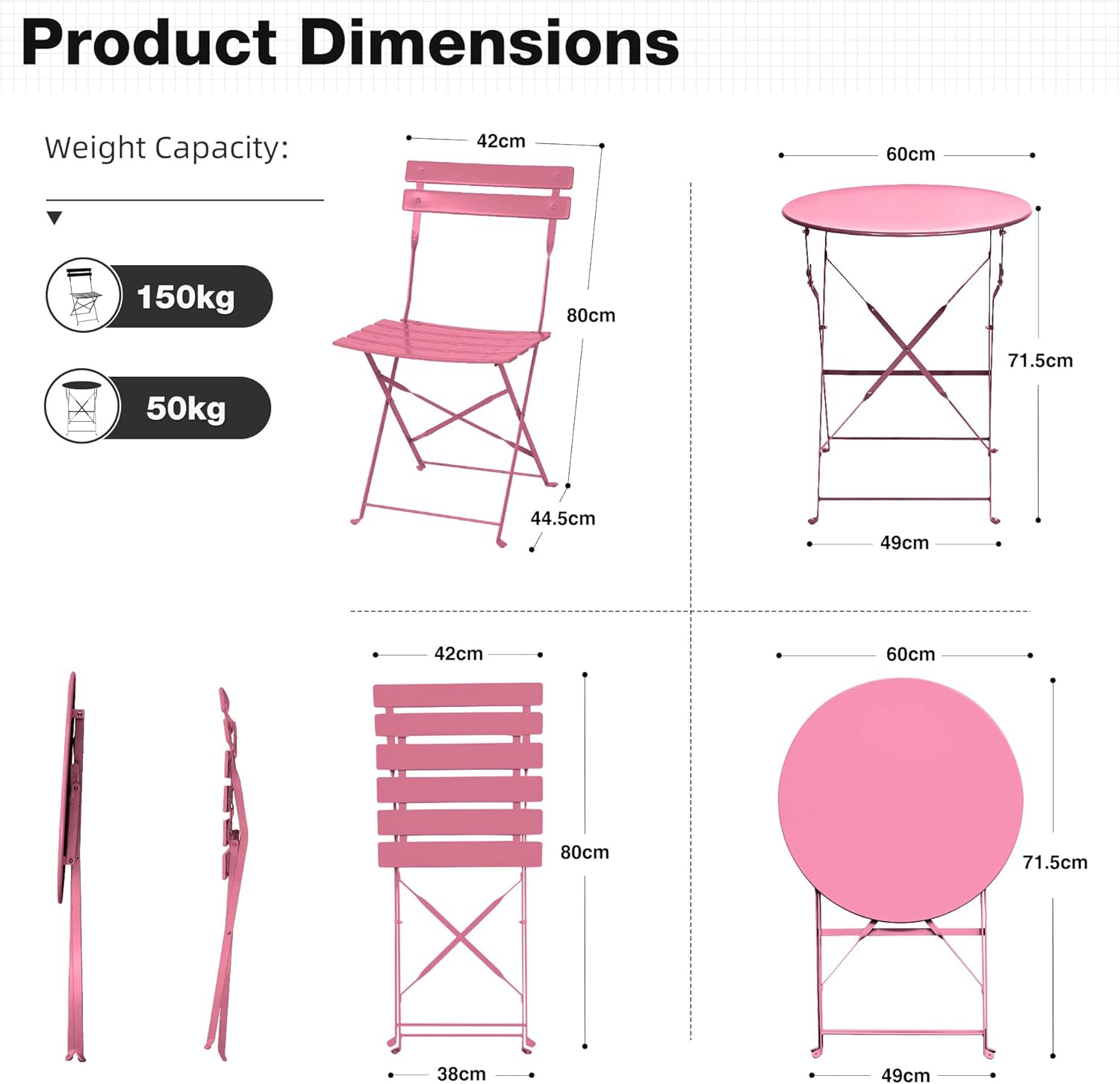 Detalle de RELAX FIELD Folding Bistro Table and Chairs Set (3-piece) for Balcony, Rose Red